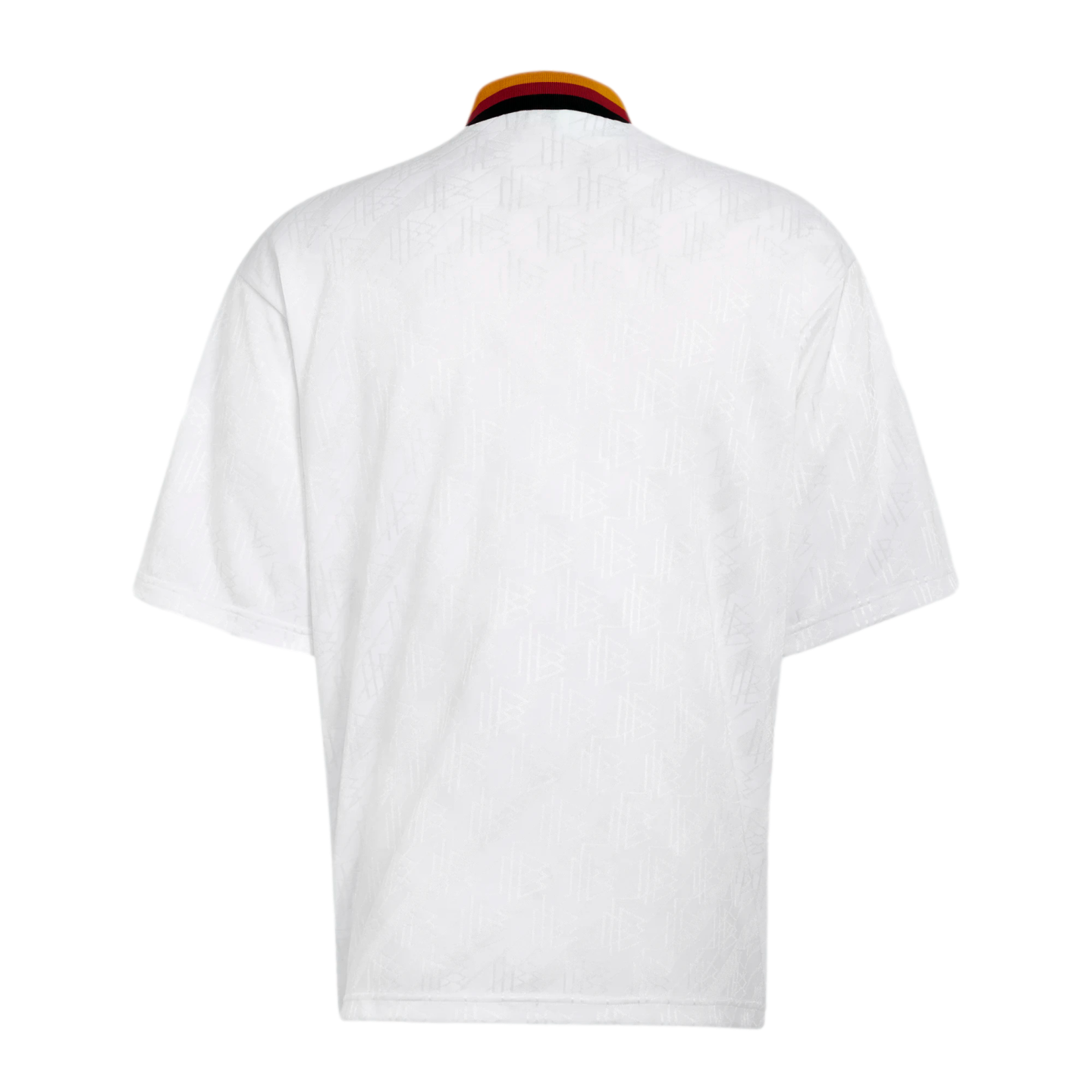 Back view of a white short-sleeve jersey featuring a subtle tonal pattern and a ribbed collar with black, red, and yellow stripes.