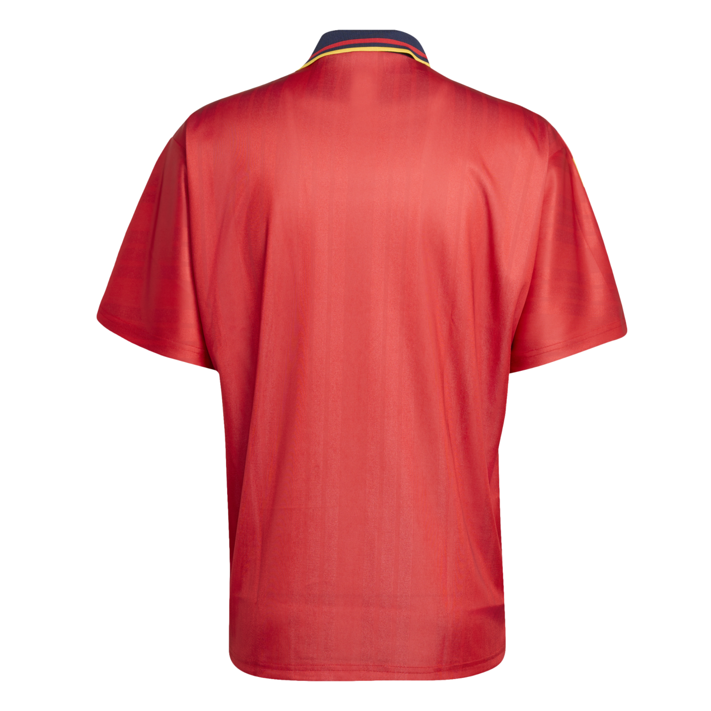 Back view of a red short-sleeved polo shirt with a dark collar accented by thin yellow and red stripes.