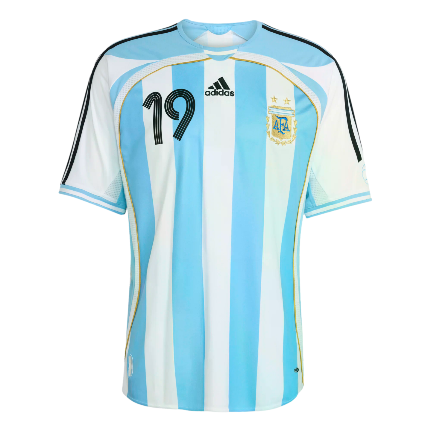 Argentina home football jersey with light blue and white vertical stripes, featuring the Adidas logo, AFA crest, and the black number 19 on the chest.