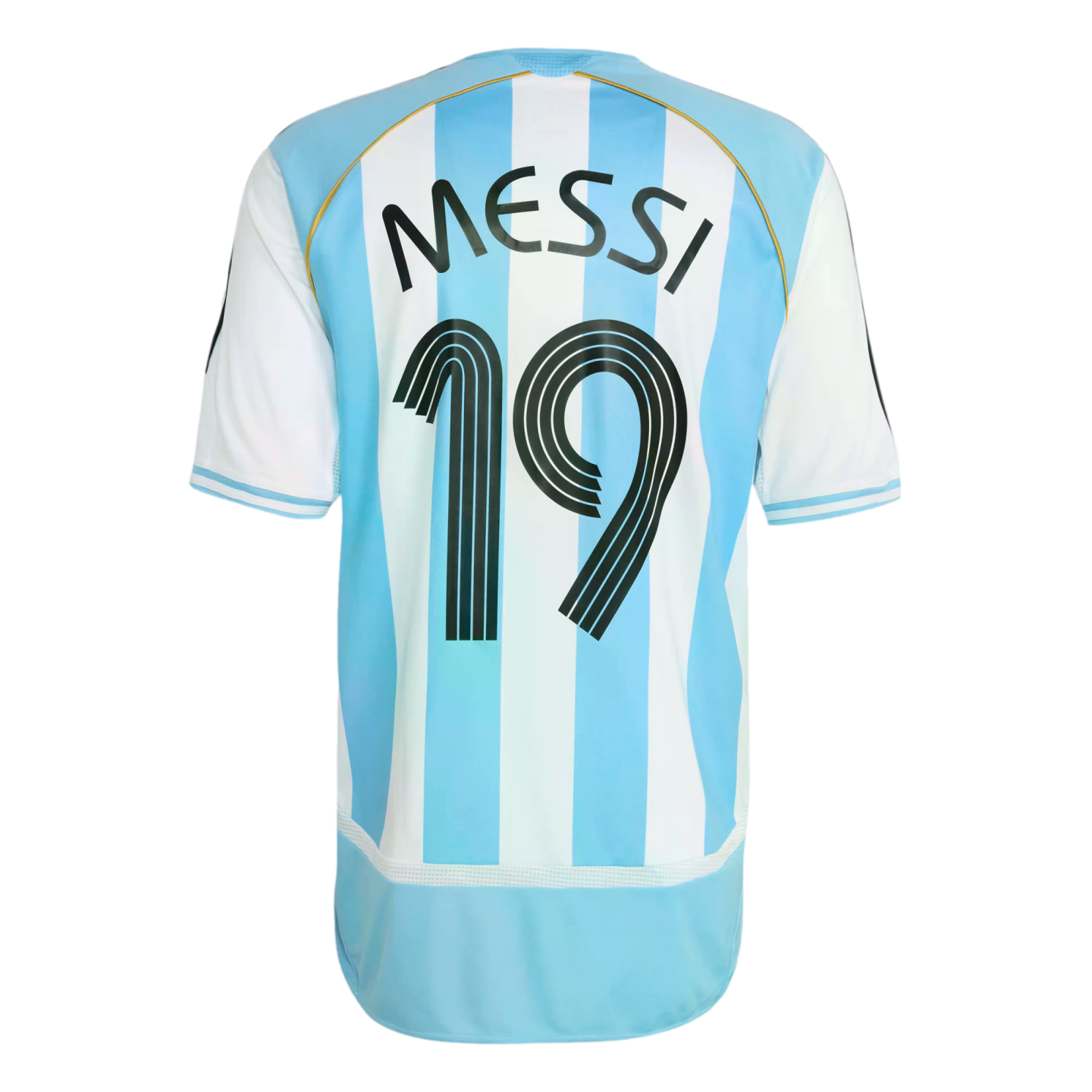 Back of a light blue and white striped Argentina soccer jersey with "MESSI" and the number "19" in black. Gold trim is visible on the shoulders.