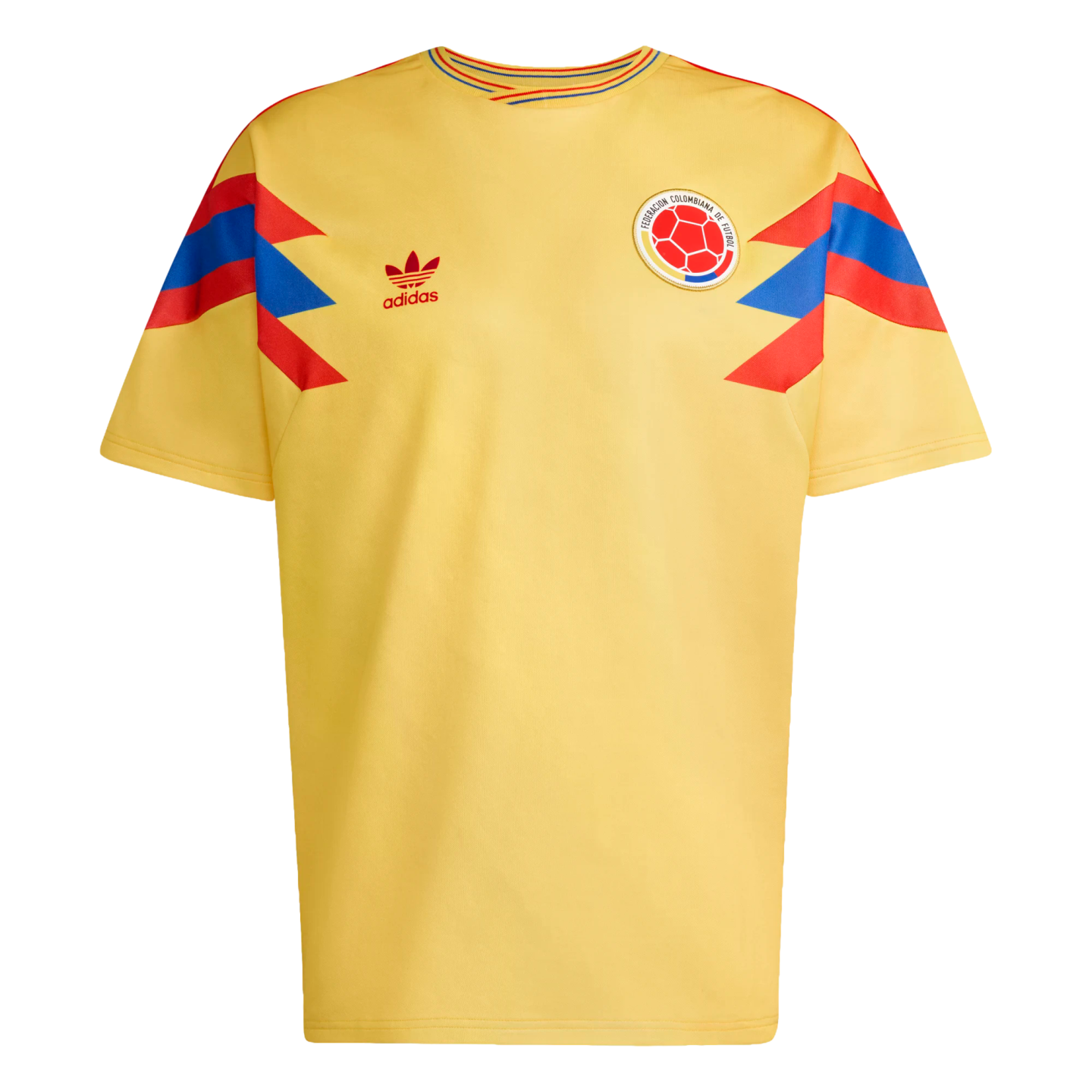 Yellow Adidas Colombia national soccer jersey featuring red and blue geometric shoulder patterns, the Adidas Trefoil logo, and the Colombian Football Federation crest.