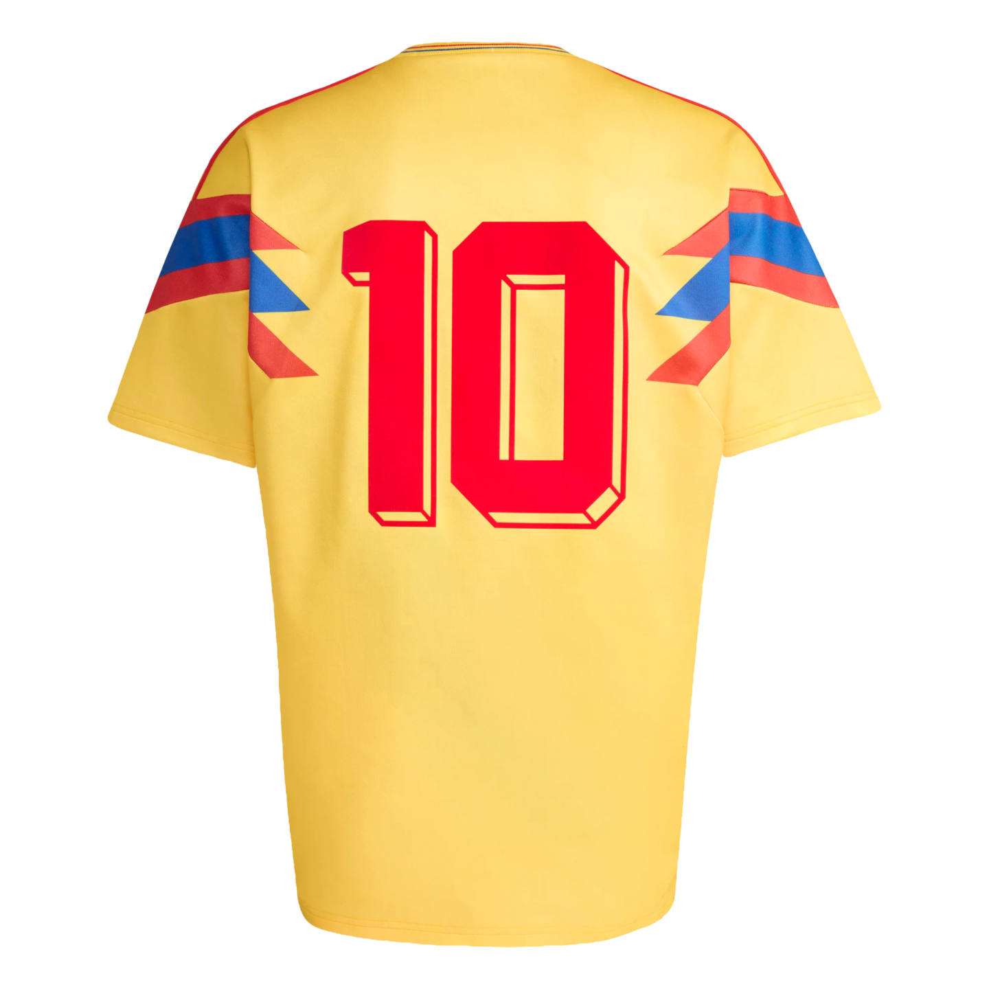 Back of a yellow jersey featuring a large red 3D number 10 and red-and-blue chevron patterns on the sleeves.