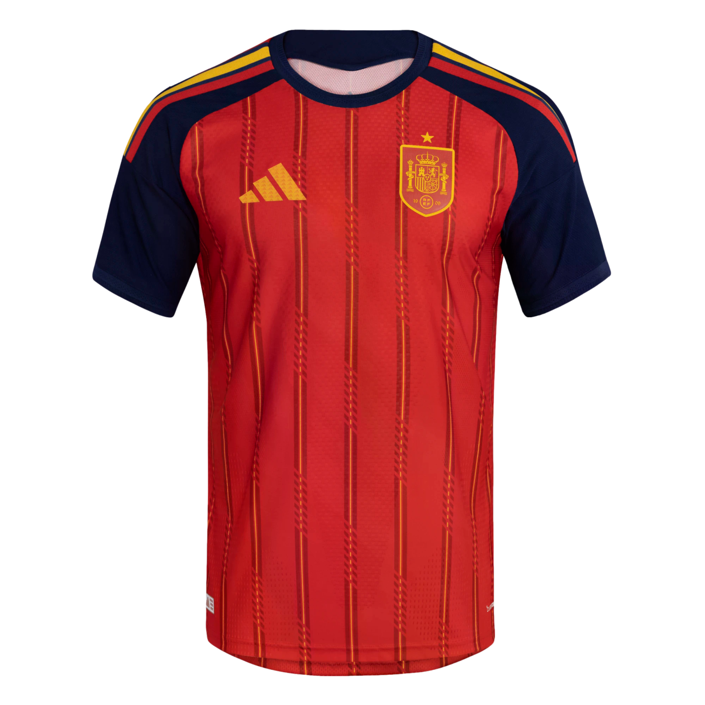 Red Spain national team soccer jersey with navy blue sleeves and collar. Features vertical stripes, a yellow Adidas logo, and the national crest.