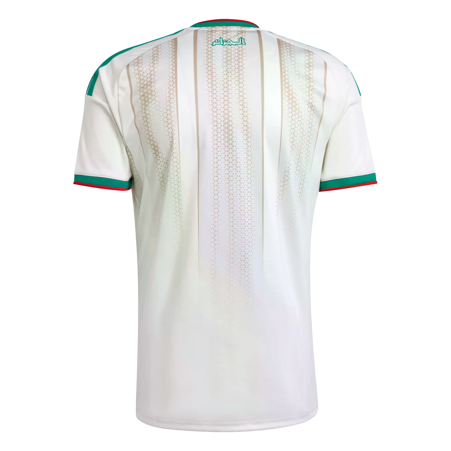 Back view of a white Algeria football jersey with green and red trim. It features vertical beige patterned stripes and green Arabic text below the neck.