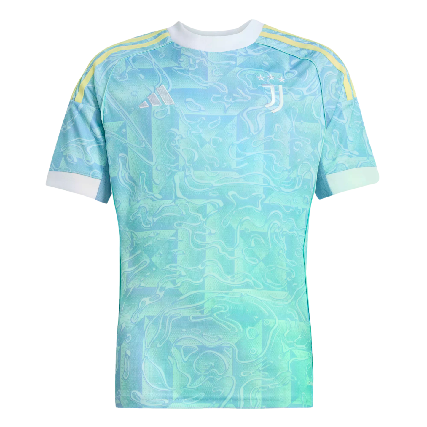 Juventus light teal training jersey with a marble pattern, yellow shoulder stripes, white collar and cuffs, and silver Adidas and Juventus logos.