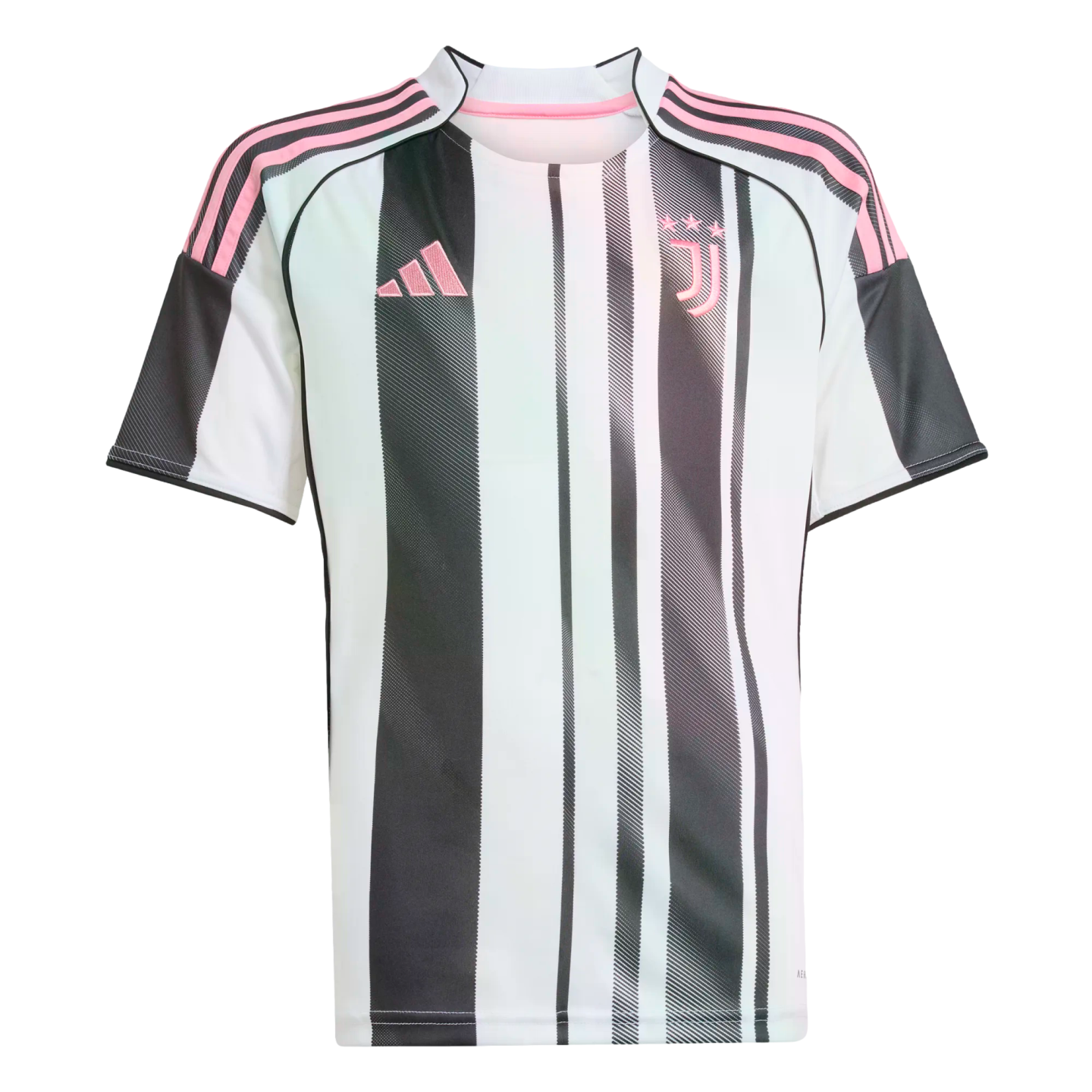 Juventus soccer jersey by Adidas in white with black vertical stripes and pink accents on the crest, logo, and shoulder stripes.