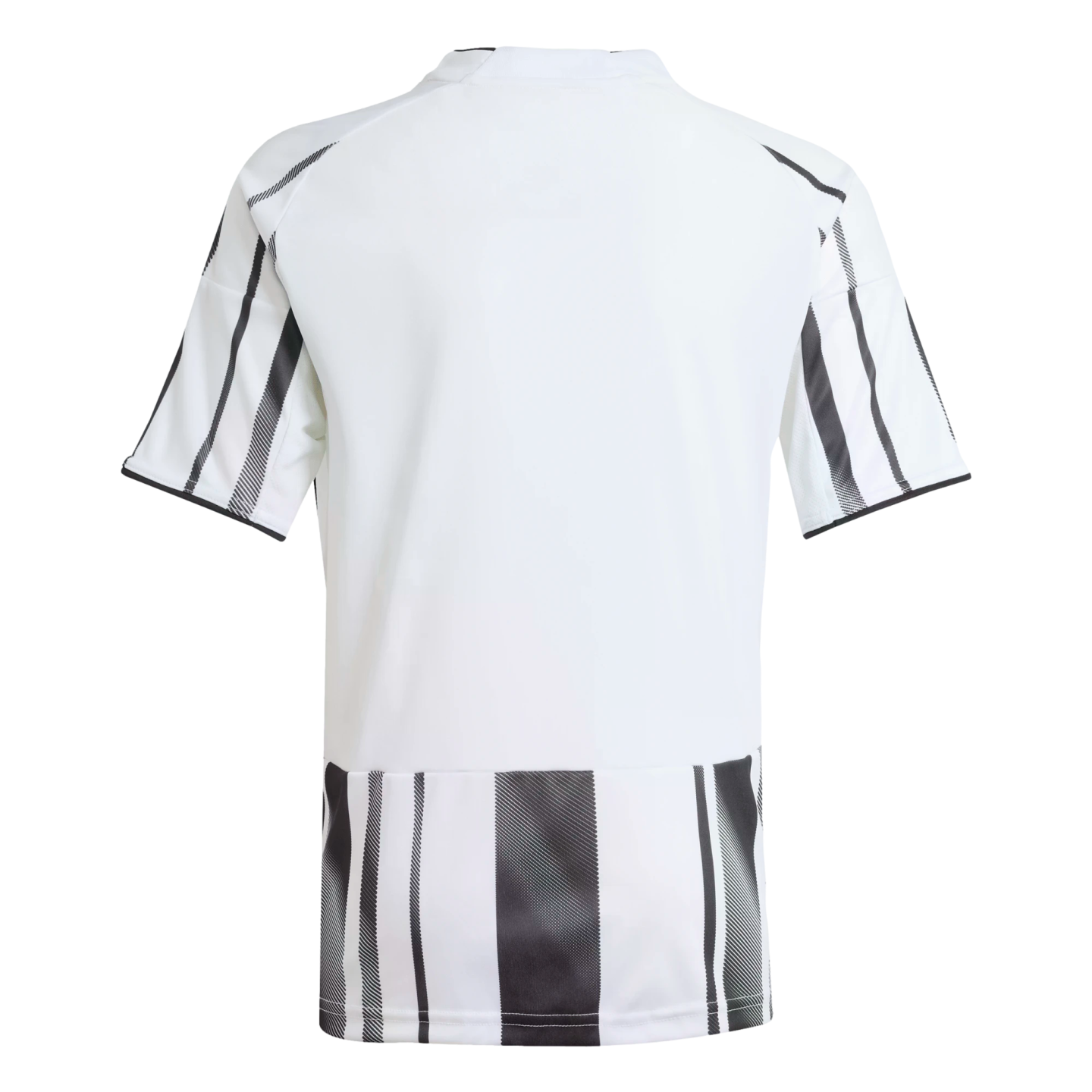 Back view of a white short-sleeved jersey with black and white vertical striped patterns on the sleeves and bottom hem.