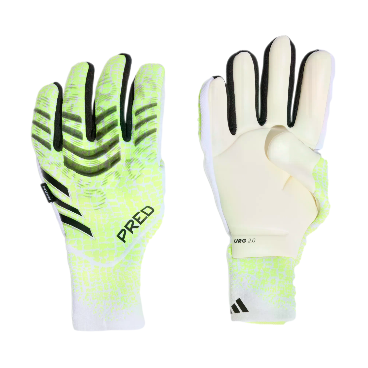 Neon yellow Adidas Predator goalkeeper gloves showing the patterned backhand with "PRED" text and the white palm with "URG 2.0" branding.