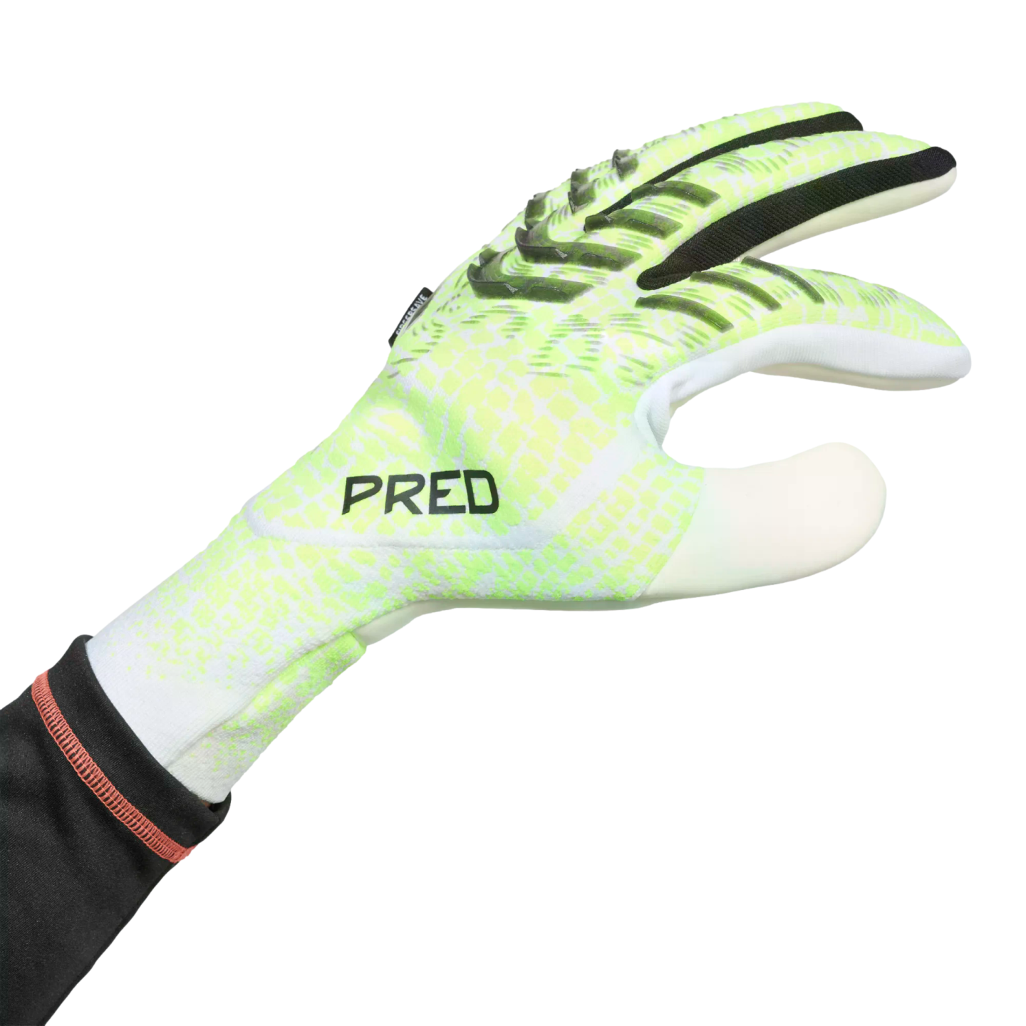 A lime green and white soccer goalkeeper glove with black textured grip ridges and "PRED" text on the back of the hand, shown against a black background.