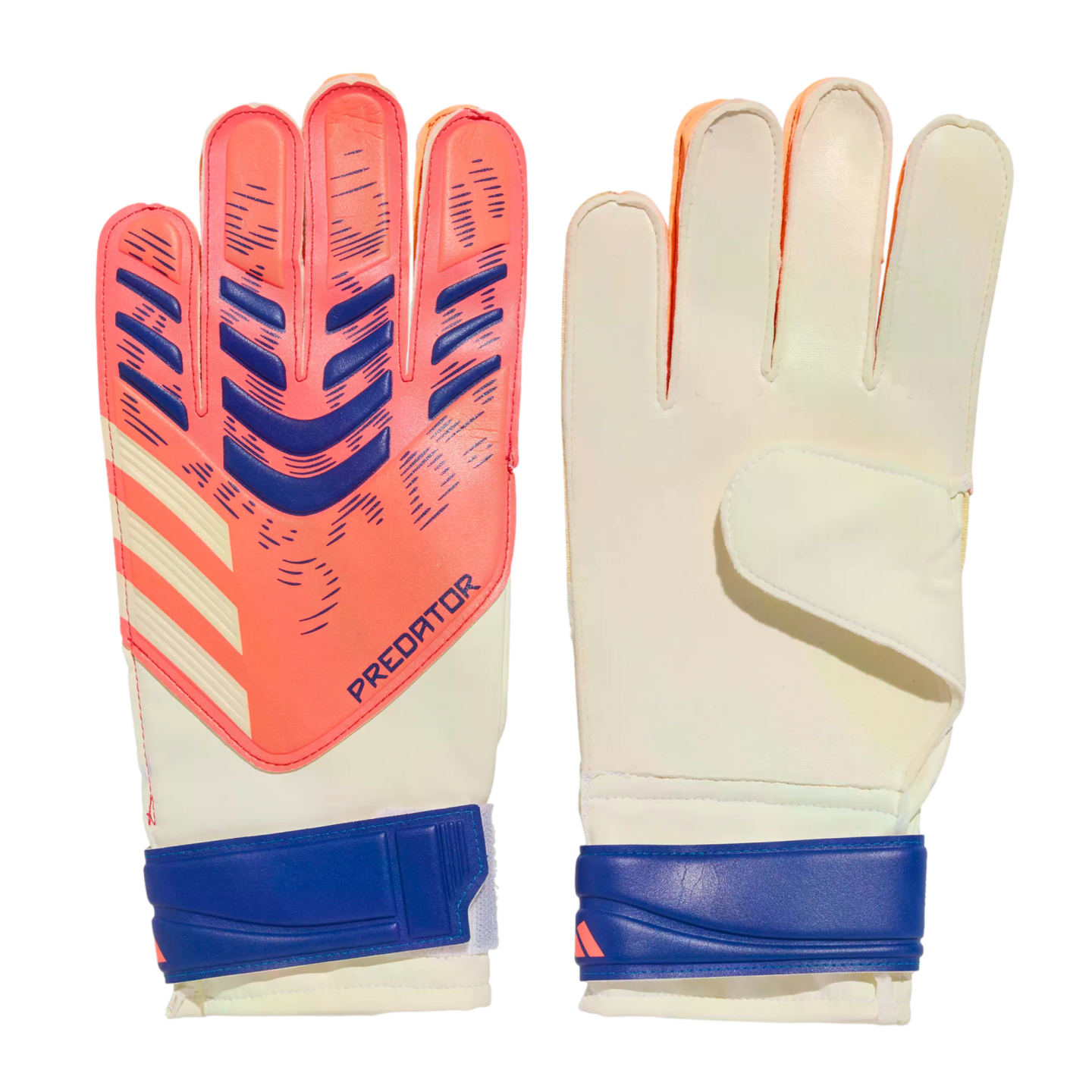 A pair of Adidas Predator goalkeeper gloves. One shows the orange and blue patterned backhand, and the other shows the white palm. Both have blue wrist straps. Black background.