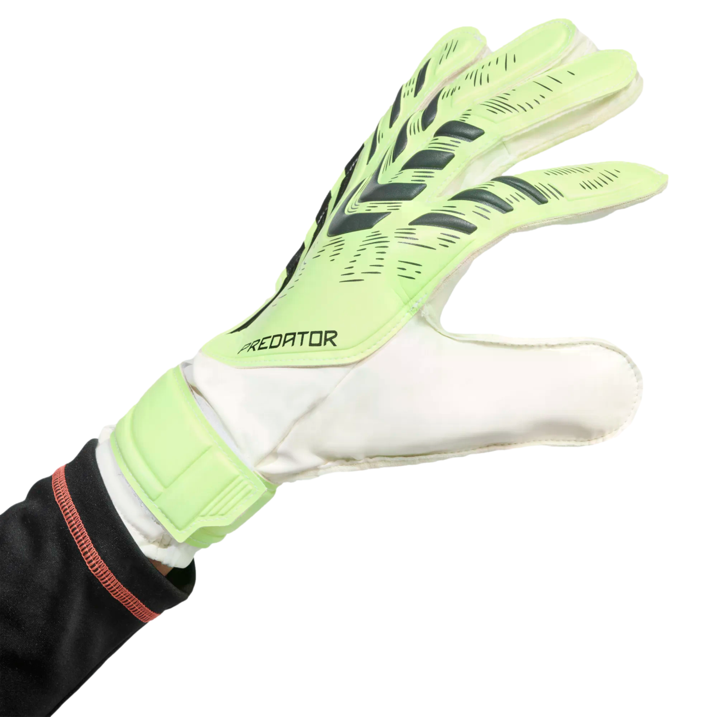 A lime green and white Adidas Predator goalkeeper glove worn on a hand against a black background.