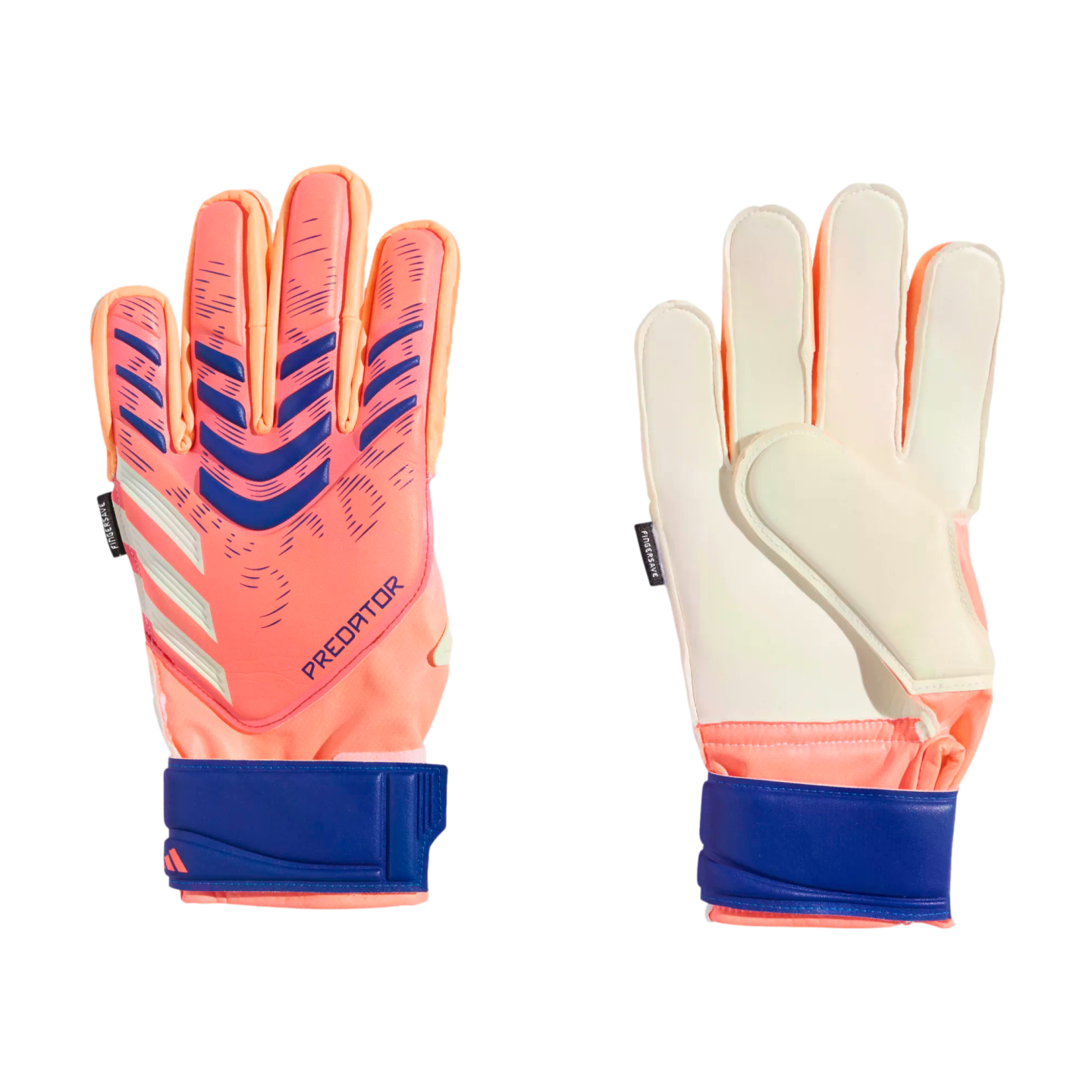 Adidas Predator Fingersave goalkeeper gloves in salmon and navy blue. Images show the textured backhand with navy accents and the white latex palm against a black background.