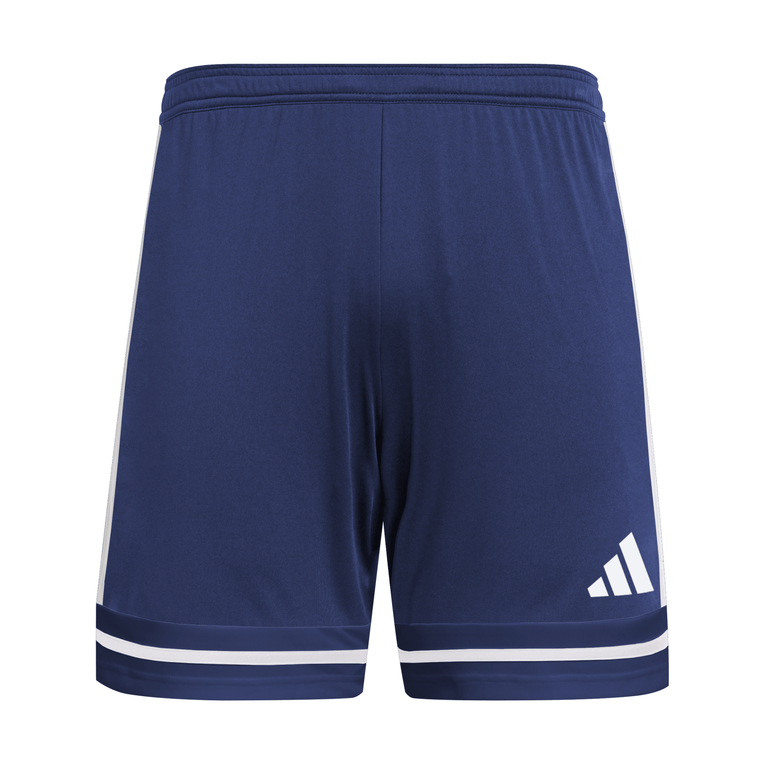 Navy blue Adidas soccer shorts featuring white side stripes, white horizontal bands near the leg hems, and a white Adidas logo on the right leg.