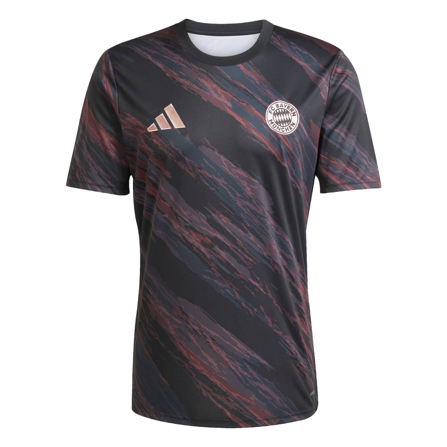 A dark grey soccer jersey featuring diagonal maroon and blue brush-stroke patterns. Rose gold Adidas logo and FC Bayern Munich crest are positioned on the chest.