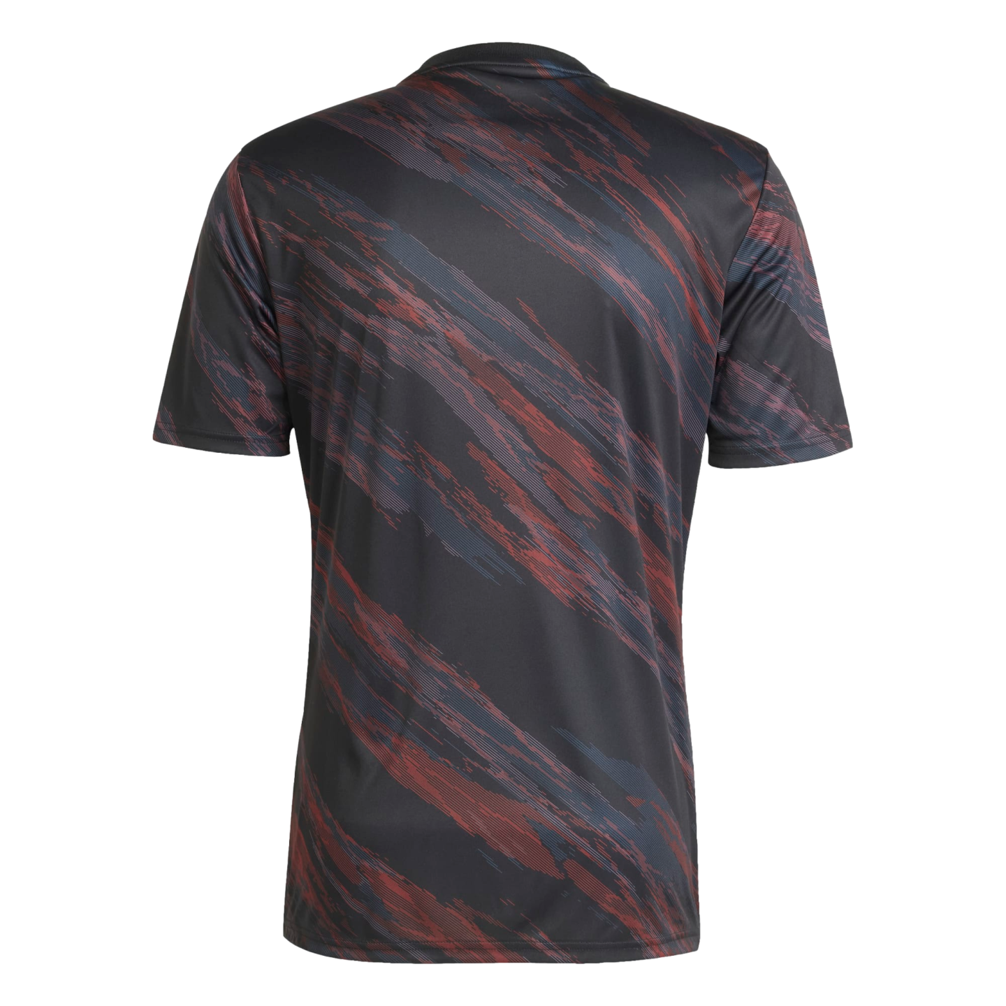 Rear view of a short-sleeved jersey featuring a dark grey base and a diagonal pattern of red and blue brushstrokes.