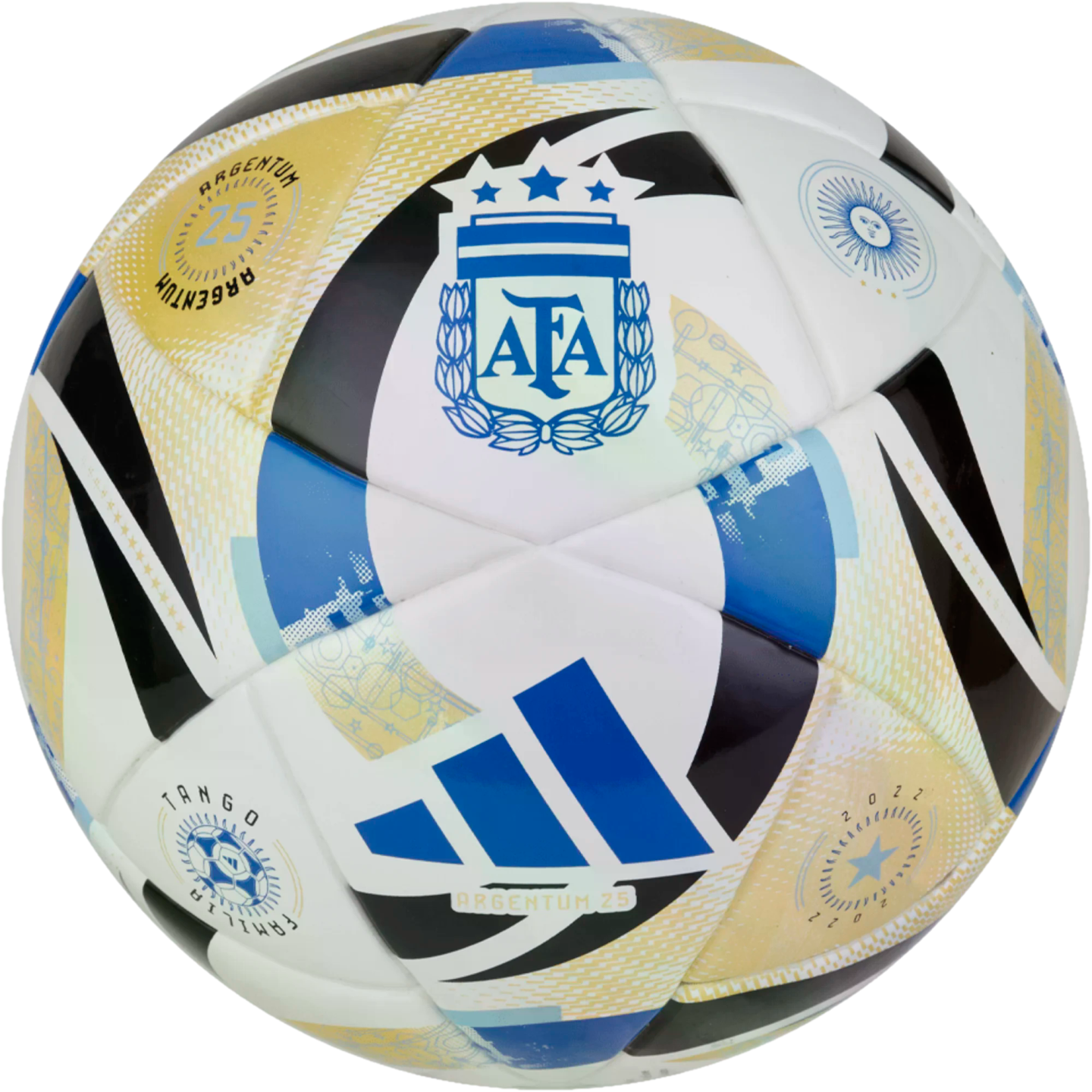 Adidas Argentum 25 soccer ball featuring the Argentine Football Association crest with three stars, Sun of May, and blue, gold, and black geometric designs.