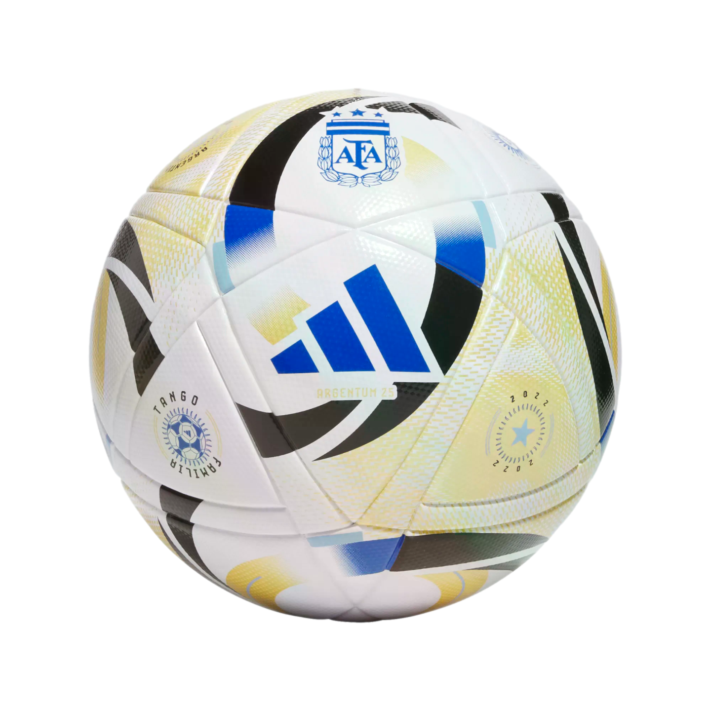 White Adidas Argentum 25 soccer ball with blue, black, and gold graphics, featuring the AFA crest and commemorative "Tango Familia" logos against a black background.