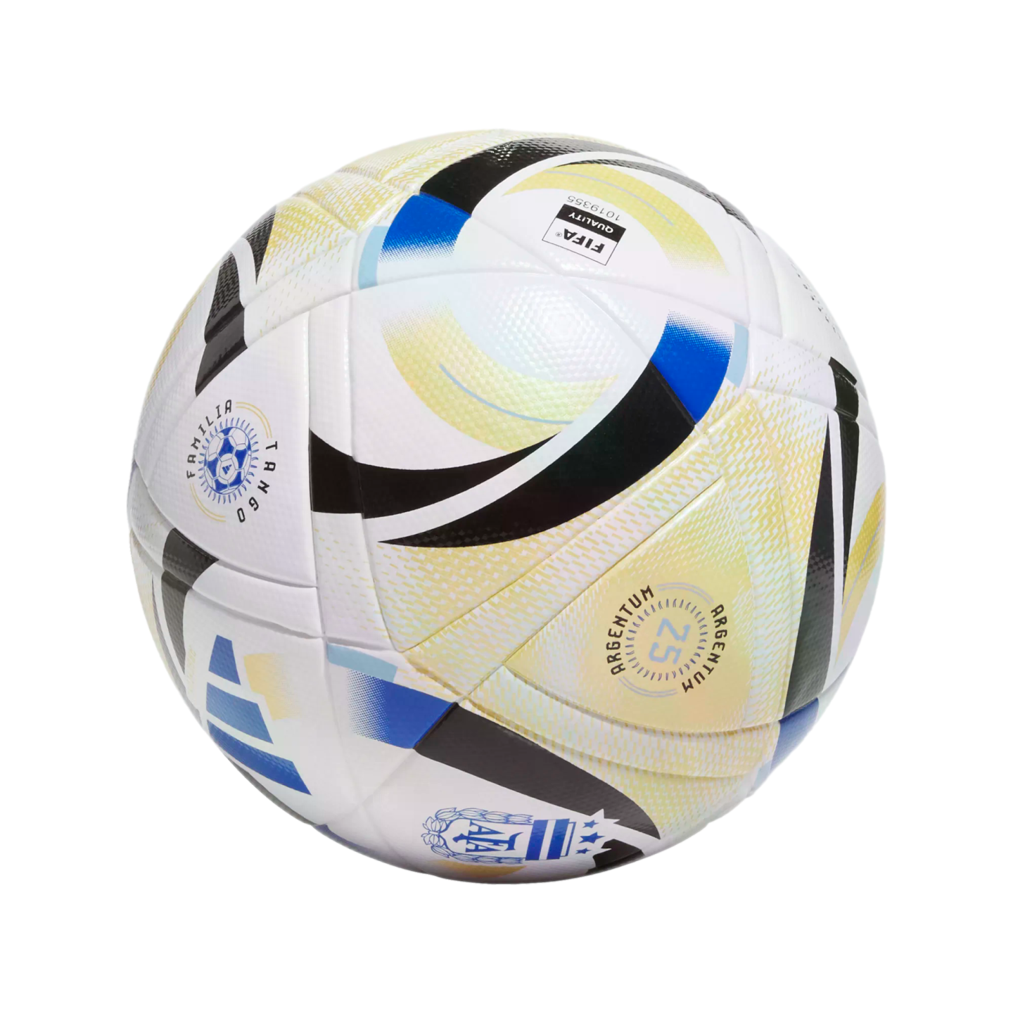 White soccer ball with light blue, yellow, and black geometric graphics, featuring the AFA crest and Argentum 25 branding.