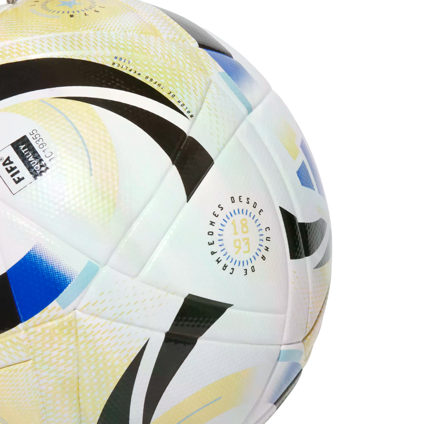 Close-up of a white soccer ball with black, blue, and yellow patterns against a black background. It features a FIFA Quality mark and a circular "CAMPEONES DESDE 1893" logo.