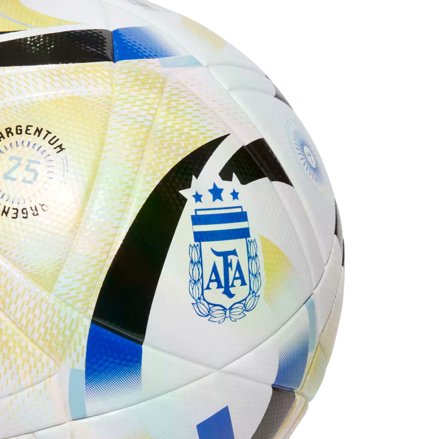 Close-up of a white soccer ball featuring the Argentina national football team logo (AFA) with three stars, light blue and yellow patterns, and "ARGENTUM 25" text.