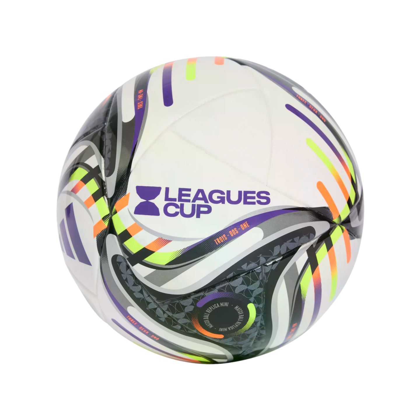 White soccer ball with vibrant purple, orange, and lime green graphics and the "LEAGUES CUP" logo.
