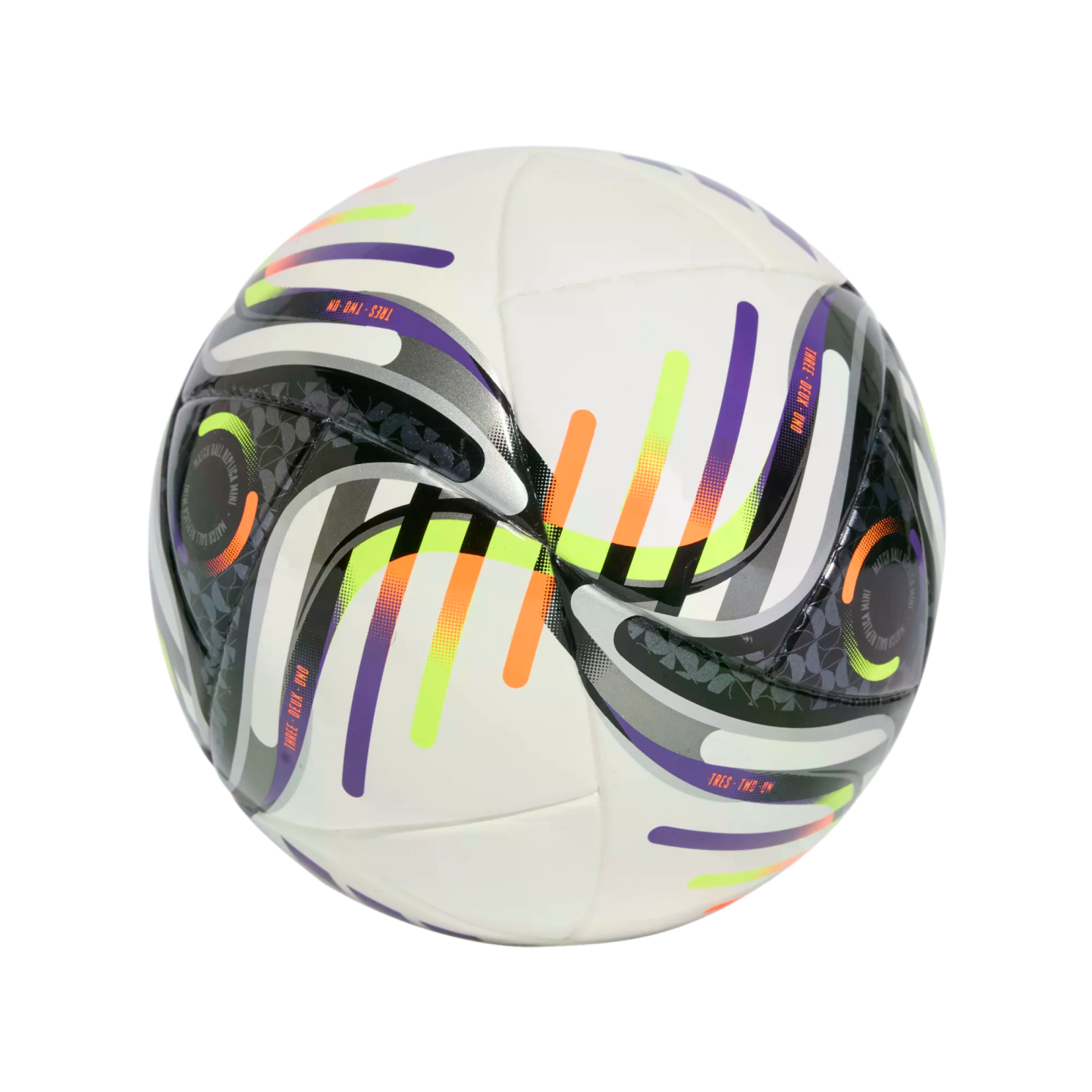 White soccer ball with vibrant, sweeping patterns in purple, neon yellow, and orange, accented with silver and textured black panels.