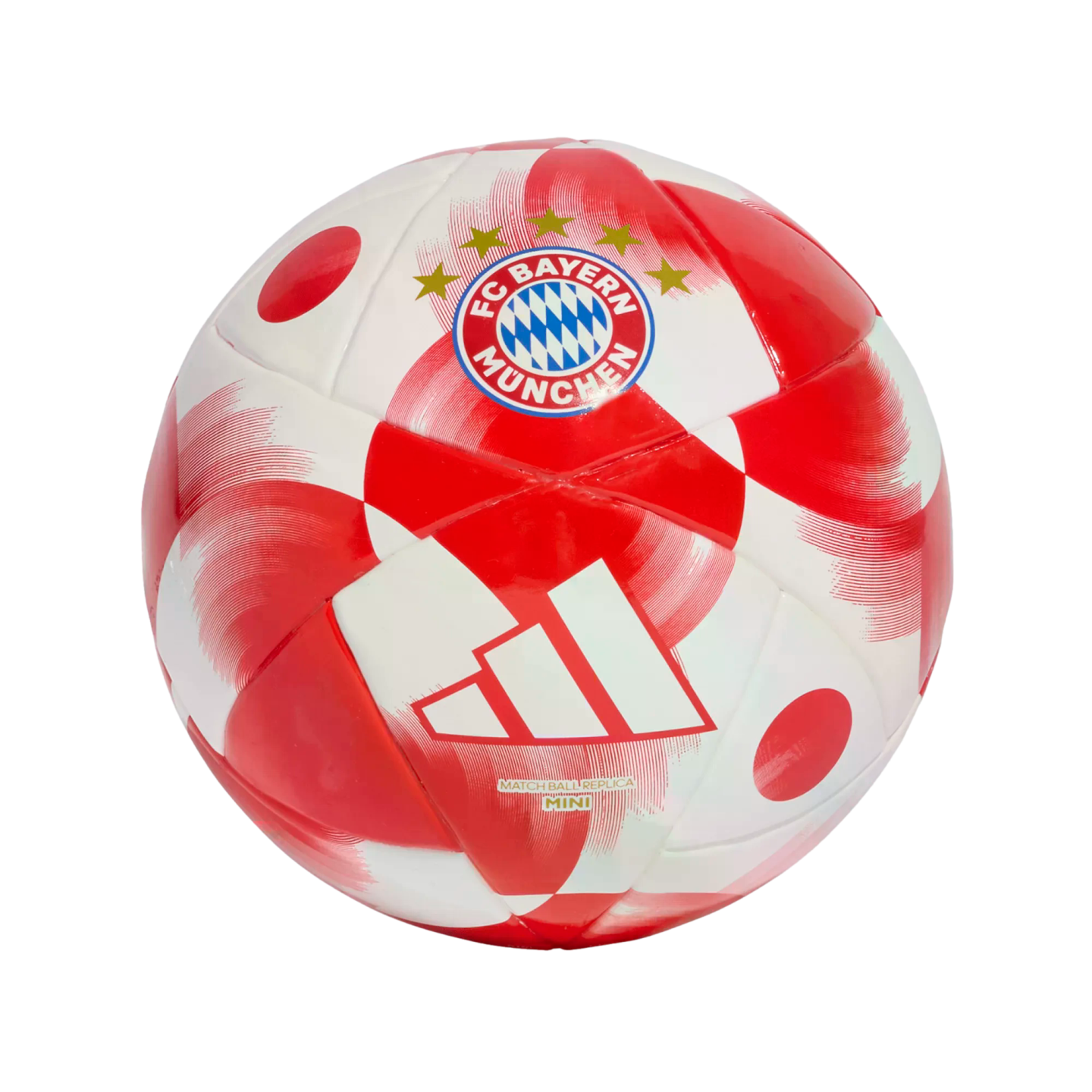 A red and white mini soccer ball featuring the FC Bayern München club crest and Adidas logo.