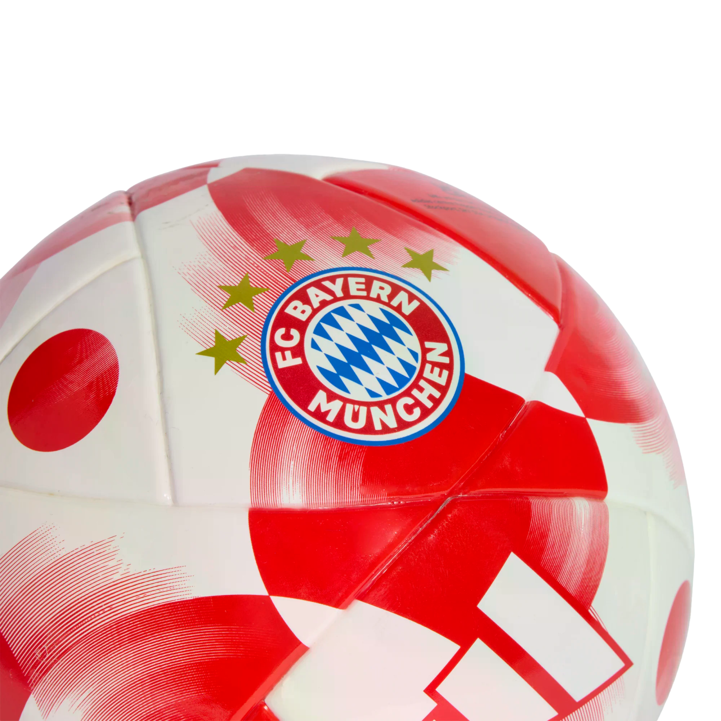 A red and white patterned soccer ball with the FC Bayern München logo and four gold stars.