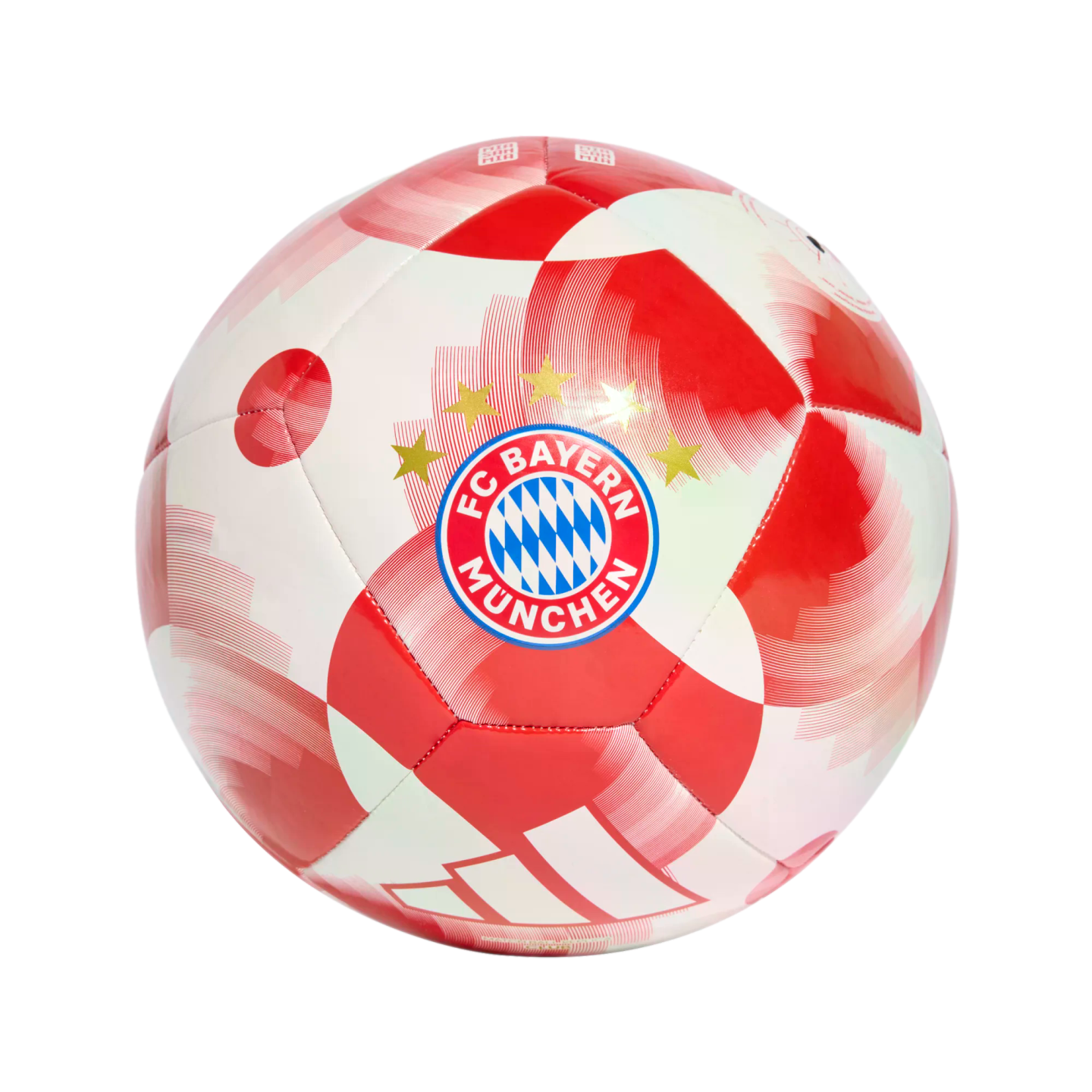 A red and white patterned soccer ball featuring the FC Bayern Munich logo and gold stars in the center.