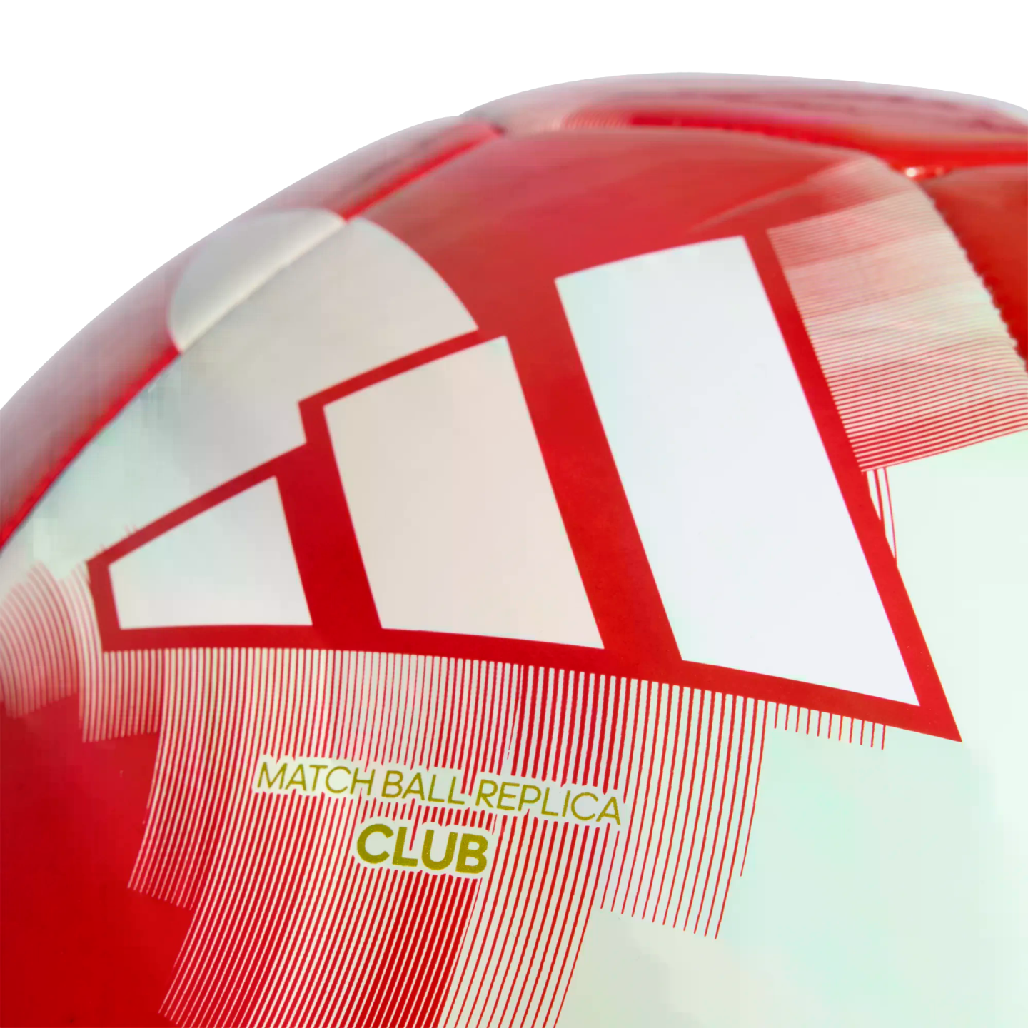 Close-up of a red and white Adidas soccer ball featuring the three-stripe logo and text that reads "MATCH BALL REPLICA CLUB".