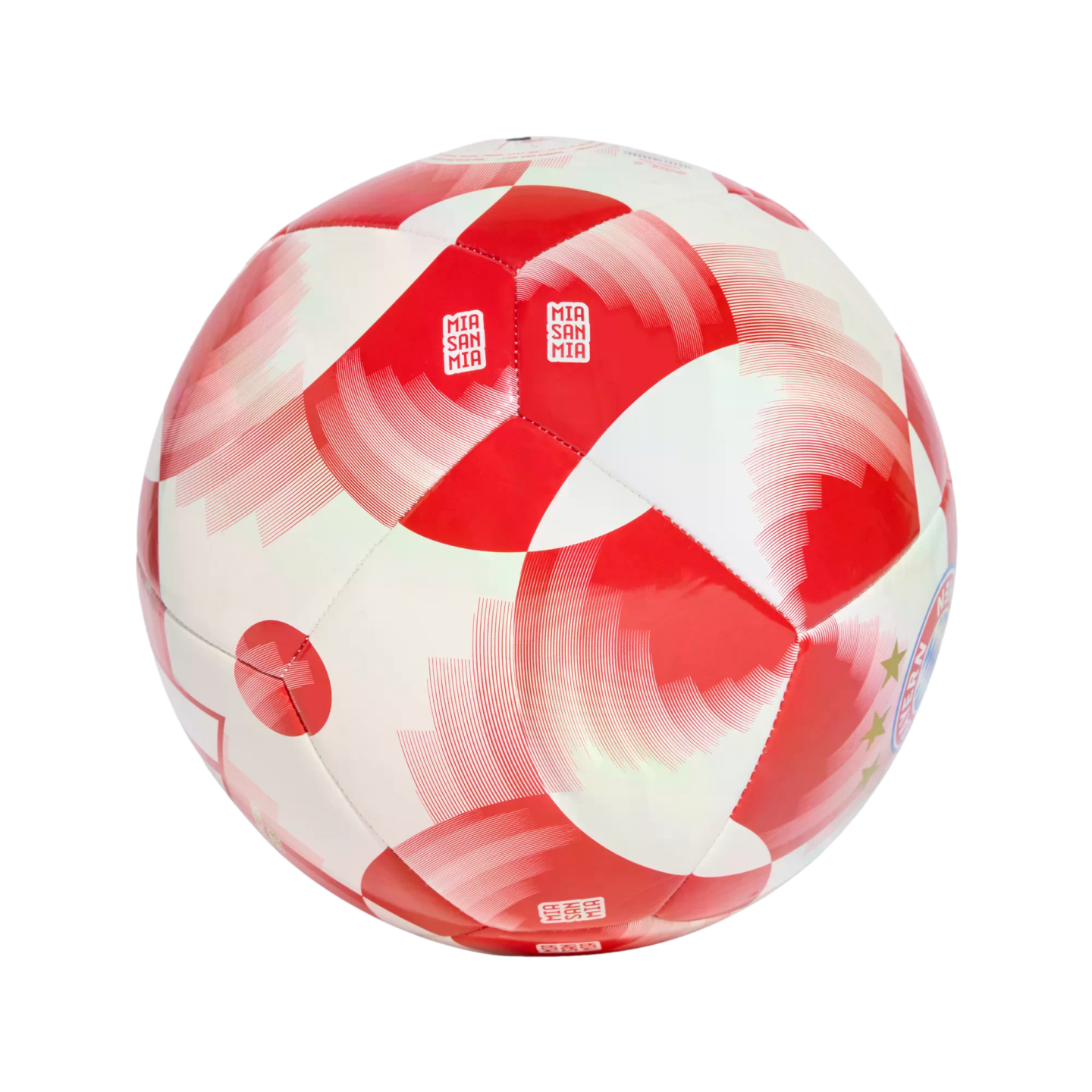 A red and white patterned soccer ball featuring "Mia San Mia" text and part of the FC Bayern Munich crest, set against a plain white background.