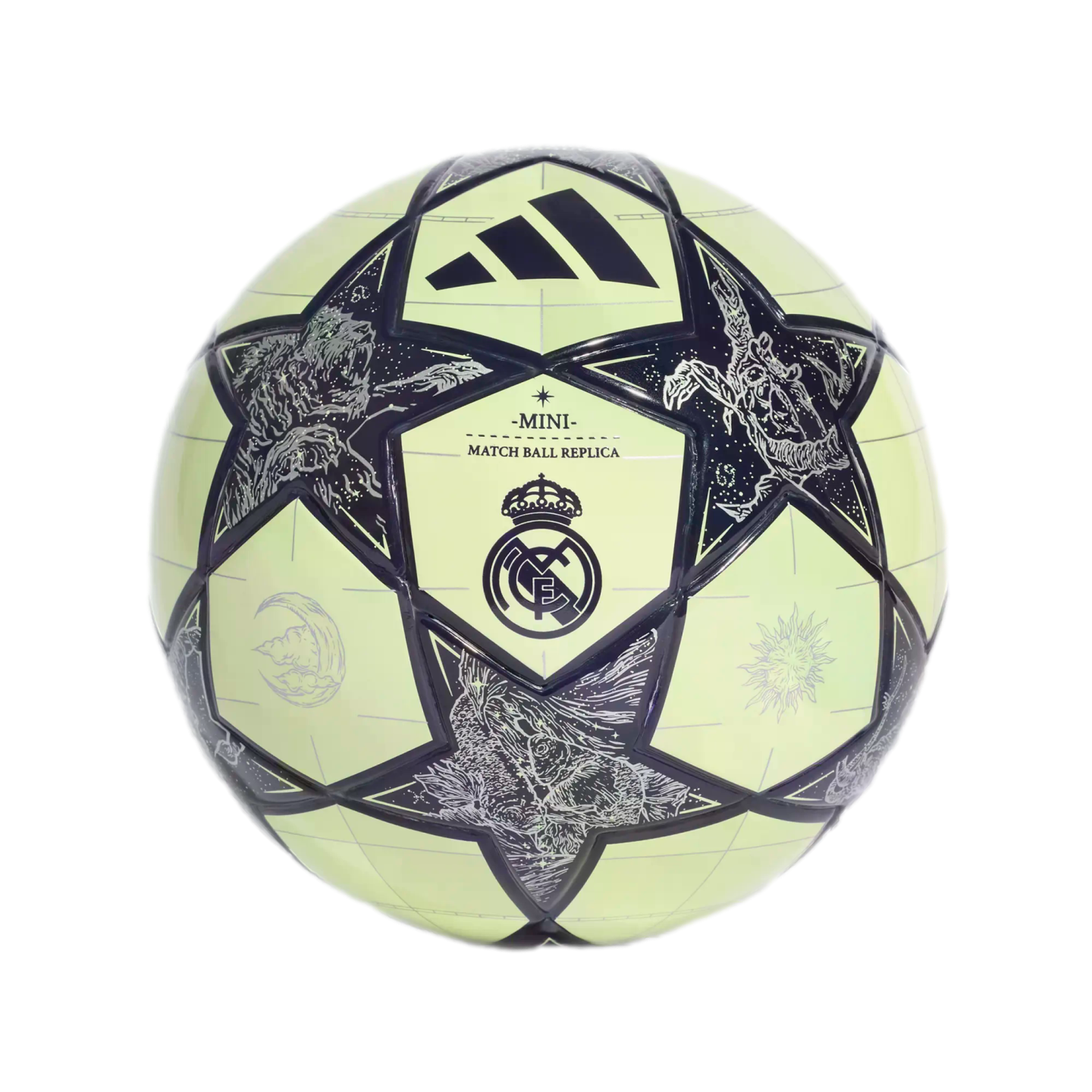 Pale yellow Adidas Real Madrid mini soccer ball featuring black stars with silver illustrations. Includes the club crest and "-MINI- MATCH BALL REPLICA" text.