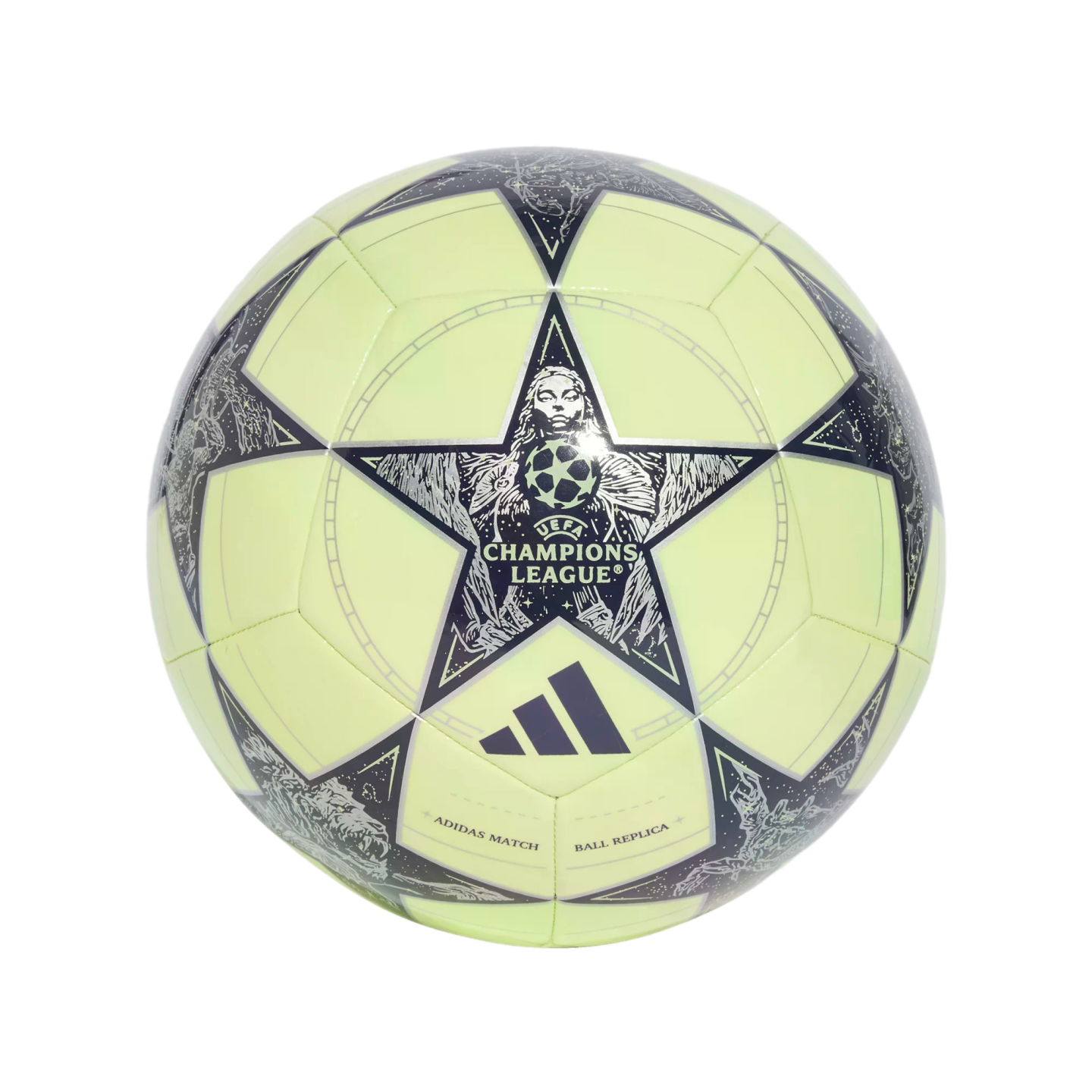 Lime-green Adidas UEFA Champions League replica soccer ball featuring dark blue star patterns and a central heroic figure graphic, set against a solid black background.
