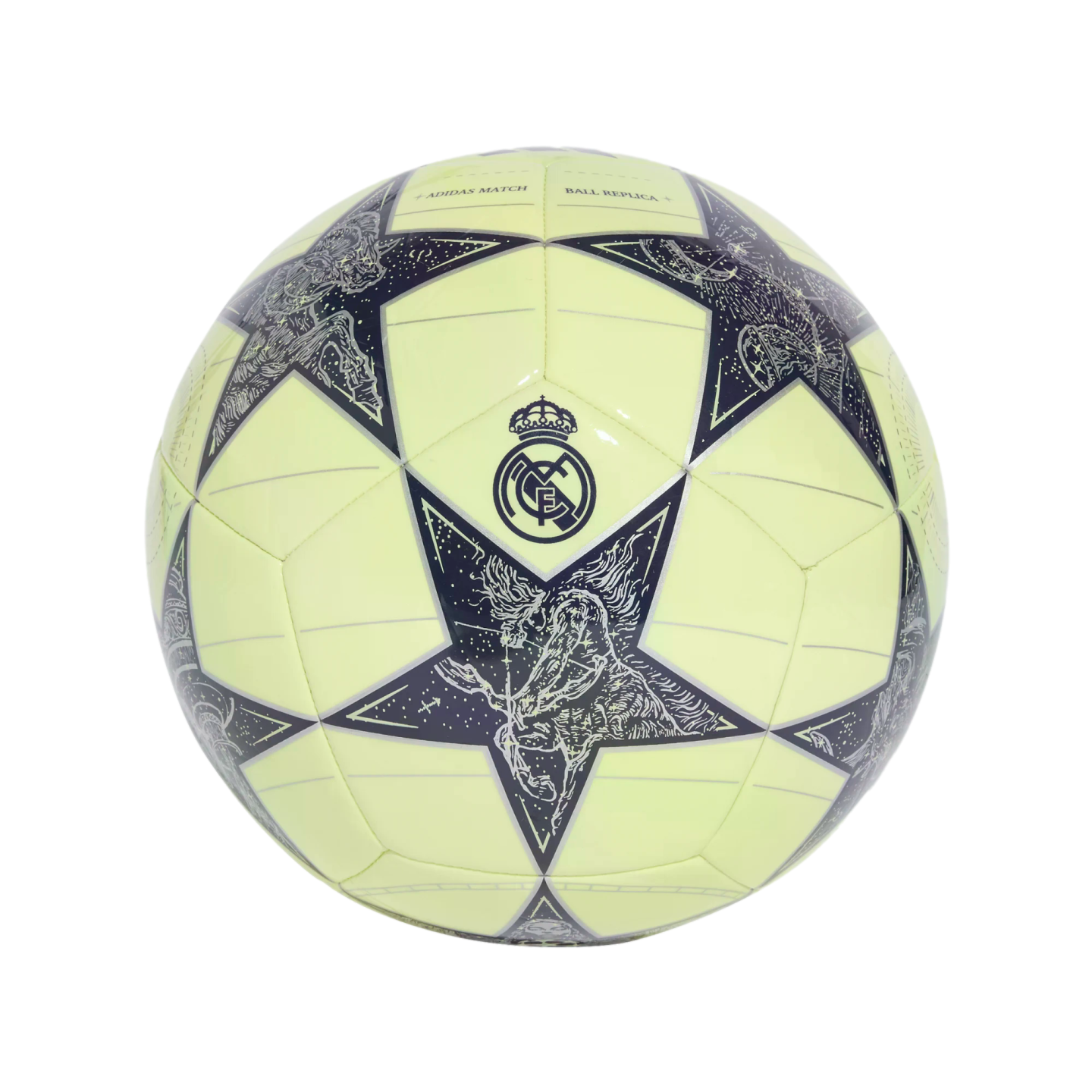 Lime-green Adidas UEFA Champions League replica soccer ball featuring the Real Madrid crest and dark blue stars with celestial constellation patterns.