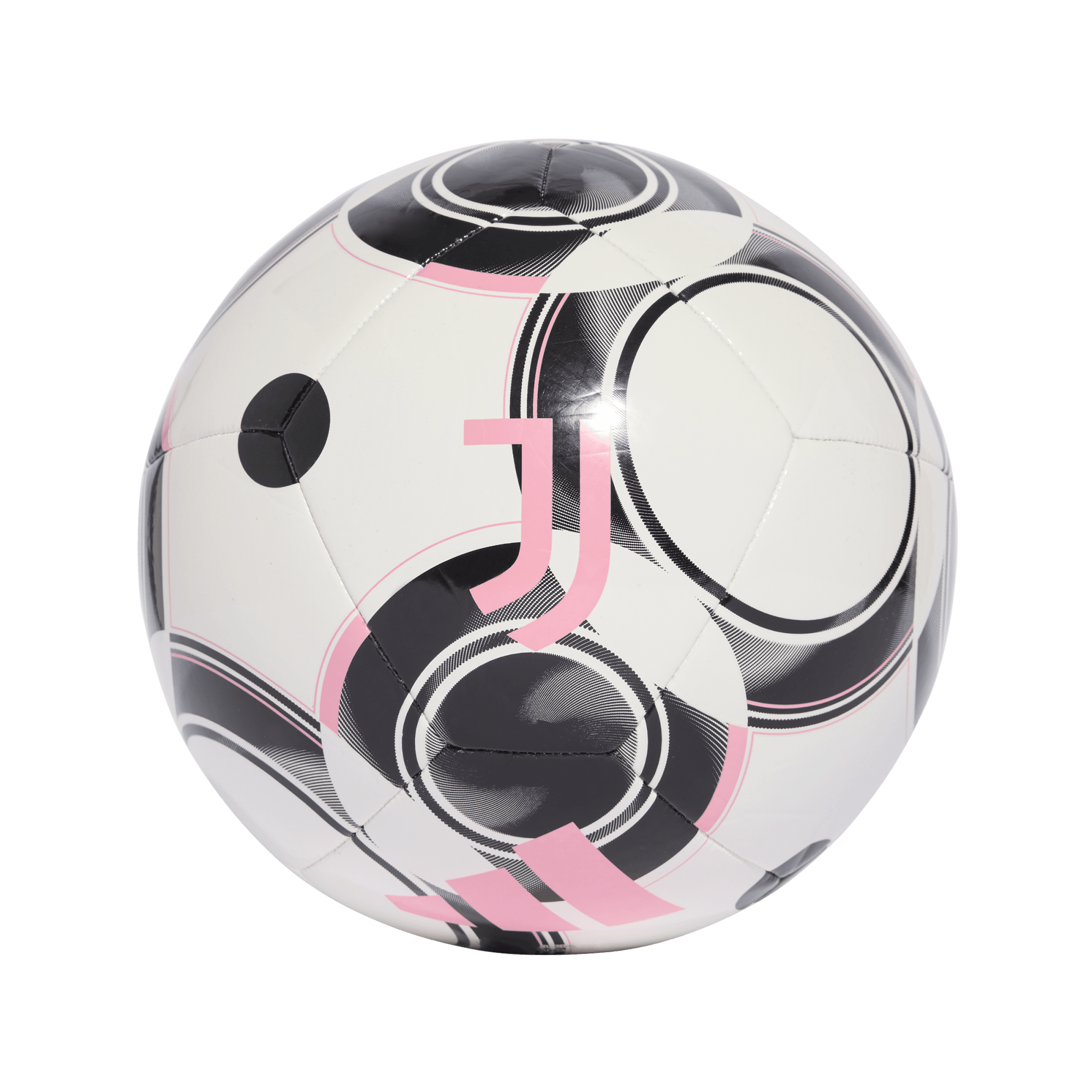 White soccer ball with black circular patterns and pink accents, featuring the Juventus "J" logo and Adidas stripes.