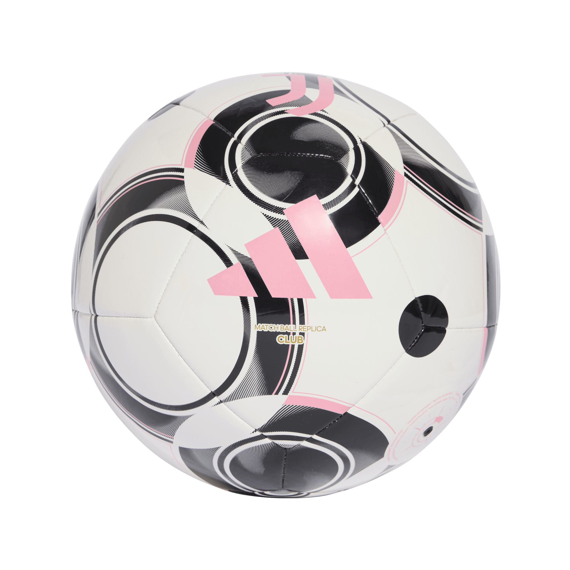 White soccer ball with black and pink circular patterns, a pink Adidas logo, and gold 'MATCH BALL REPLICA CLUB' text. A pink Juventus logo is visible at the top.