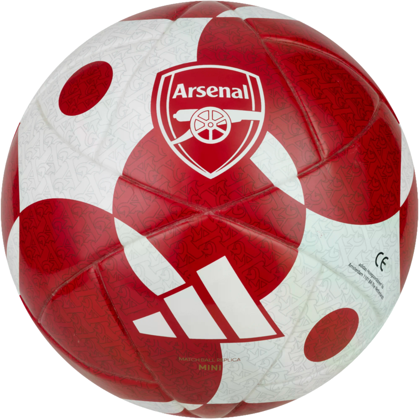 Red and white Arsenal FC mini soccer ball featuring the team crest, white Adidas logo, and a circular pattern.