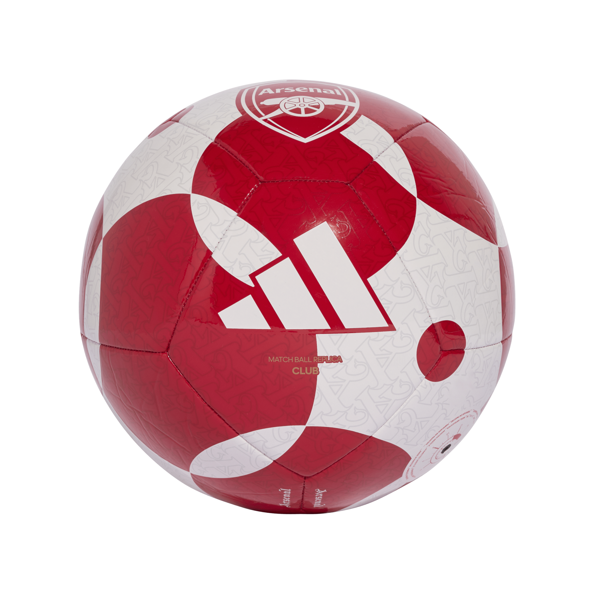 A red and white Adidas soccer ball featuring the Arsenal FC crest and the three-bar logo against a white background.