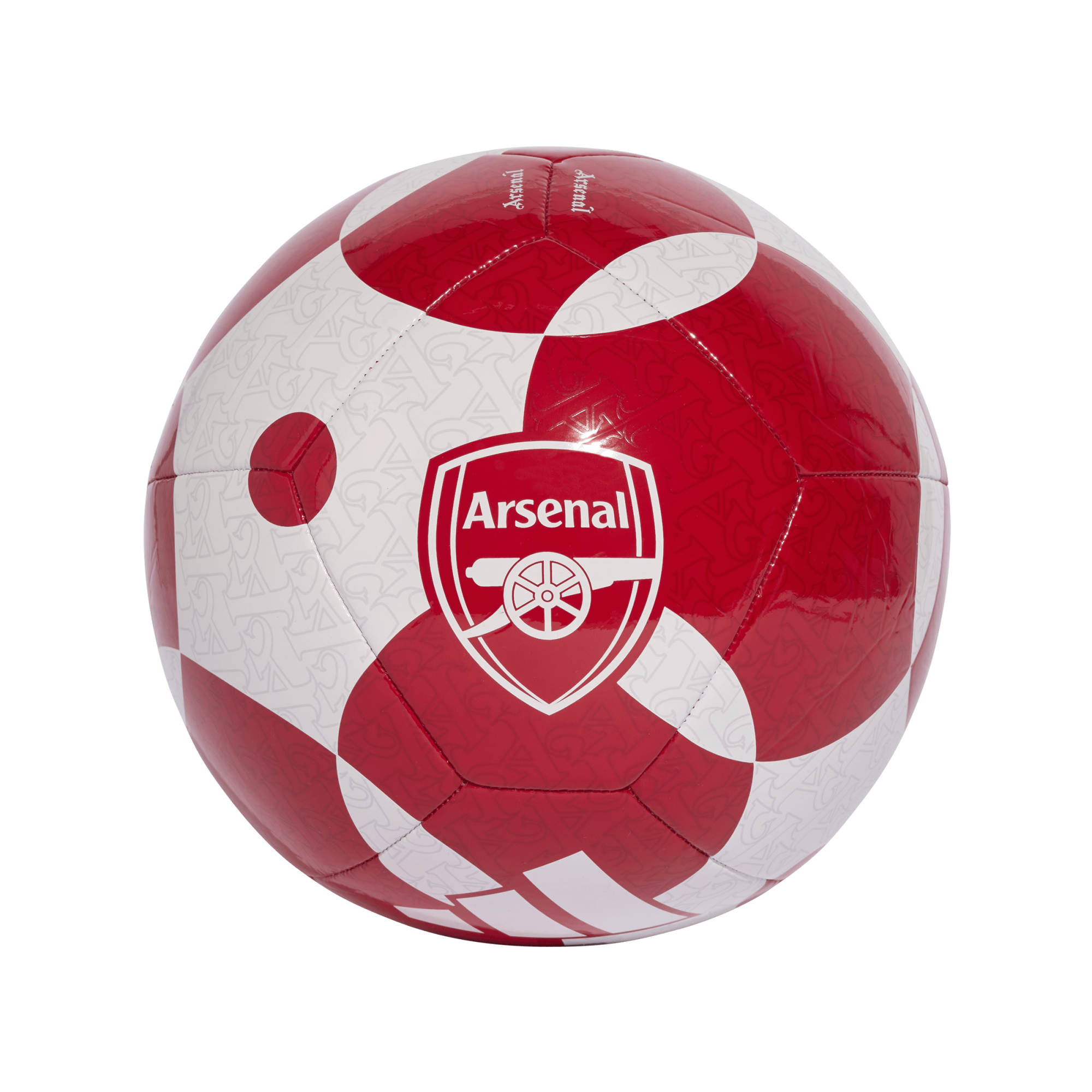 Red and white soccer ball featuring the Arsenal Football Club crest and Adidas branding.