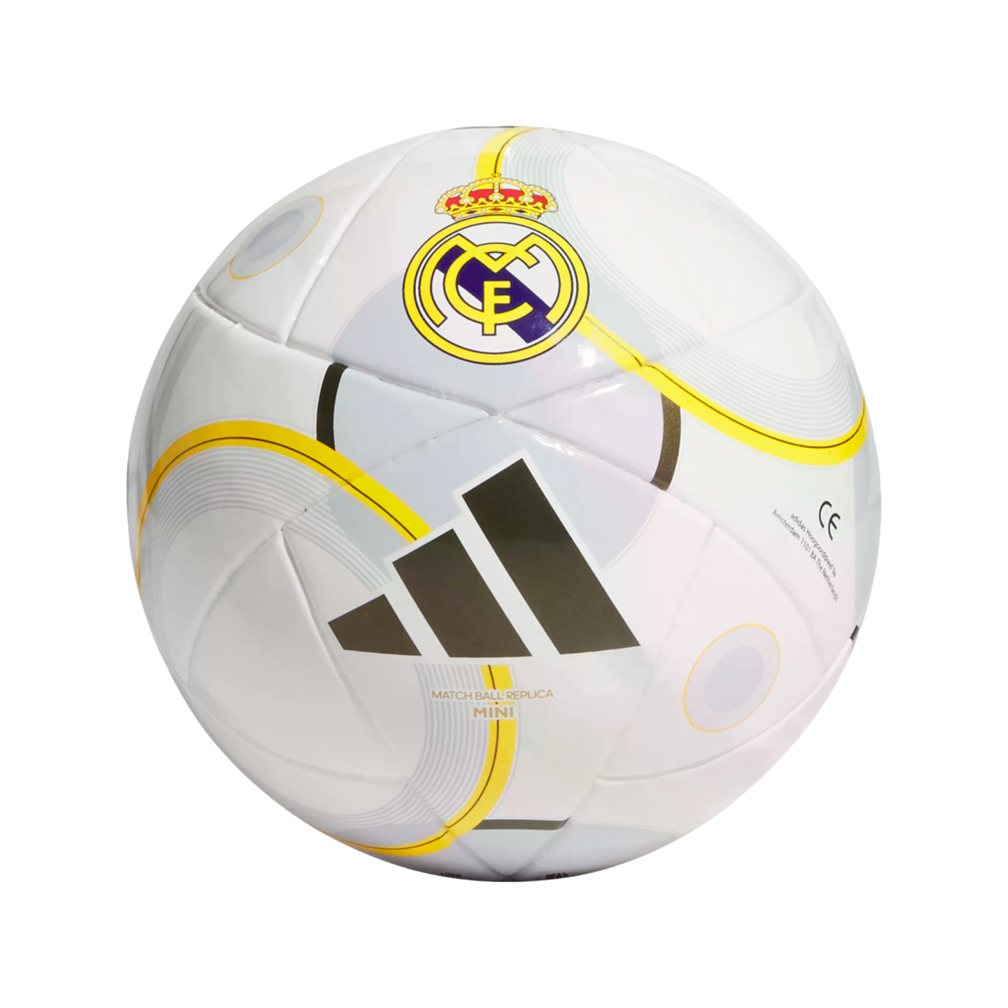 A white Adidas mini replica soccer ball featuring the Real Madrid club crest, black three-stripe logo, and yellow accents.