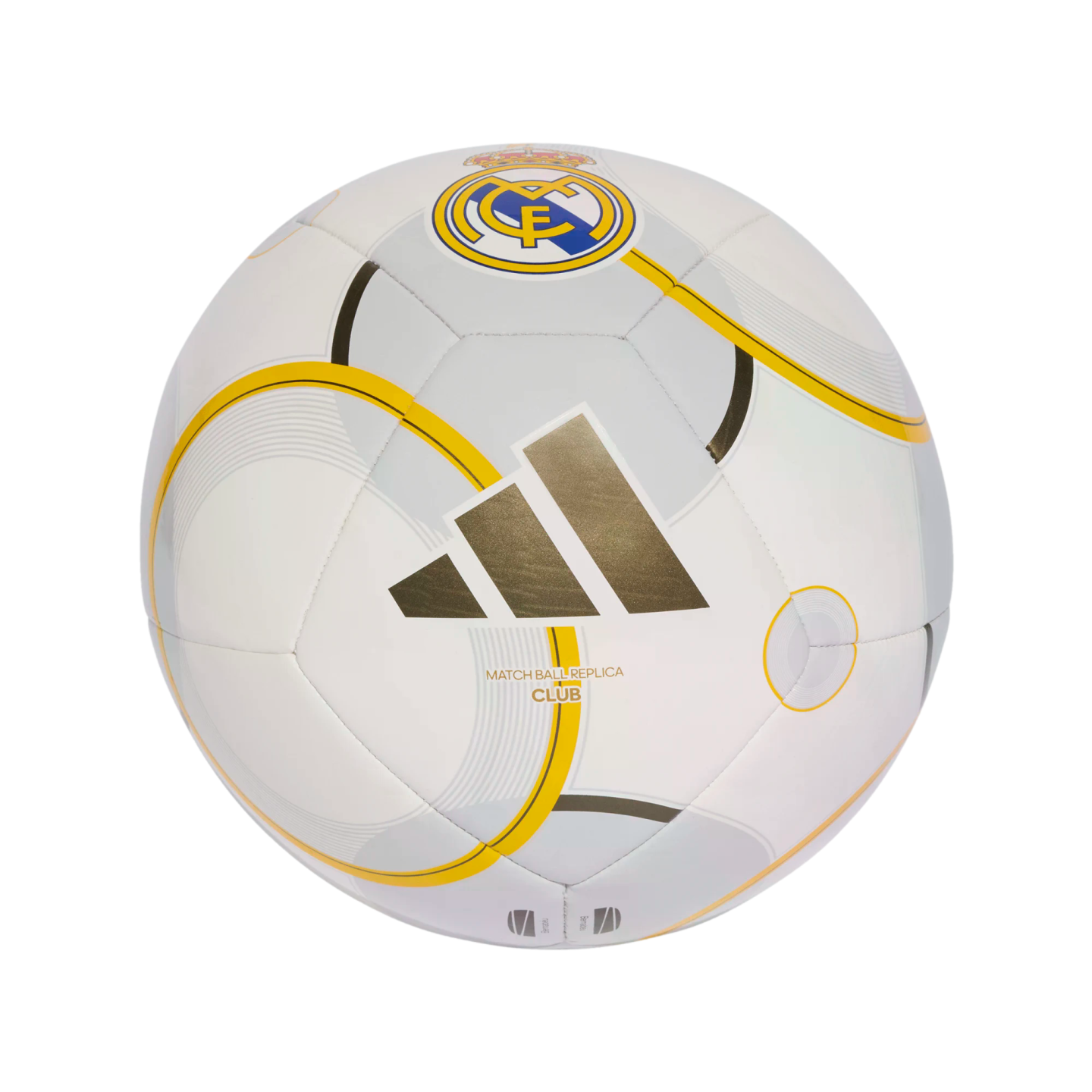 White soccer ball featuring the Real Madrid club crest, a gold Adidas logo, and grey and gold graphic designs.