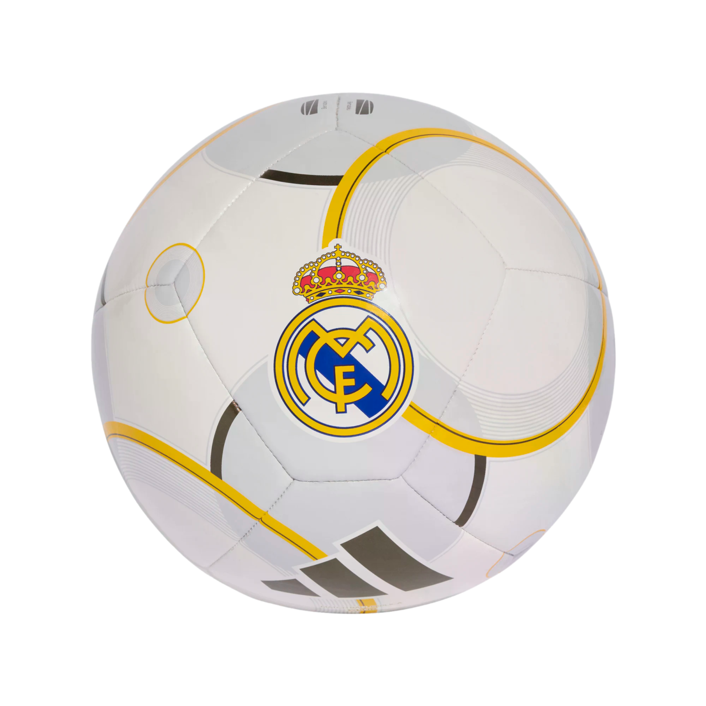 A white soccer ball with grey and yellow graphics, featuring the Real Madrid crest in the center and the Adidas logo at the bottom.