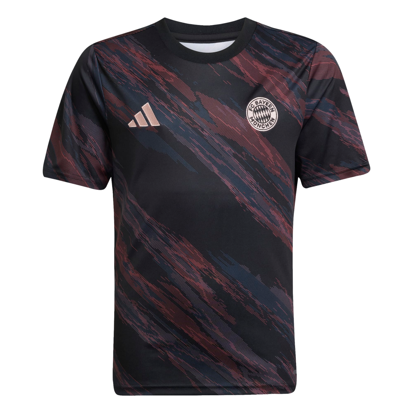 A black FC Bayern Munich soccer jersey with maroon and blue diagonal patterns, featuring copper Adidas and club logos on the chest.