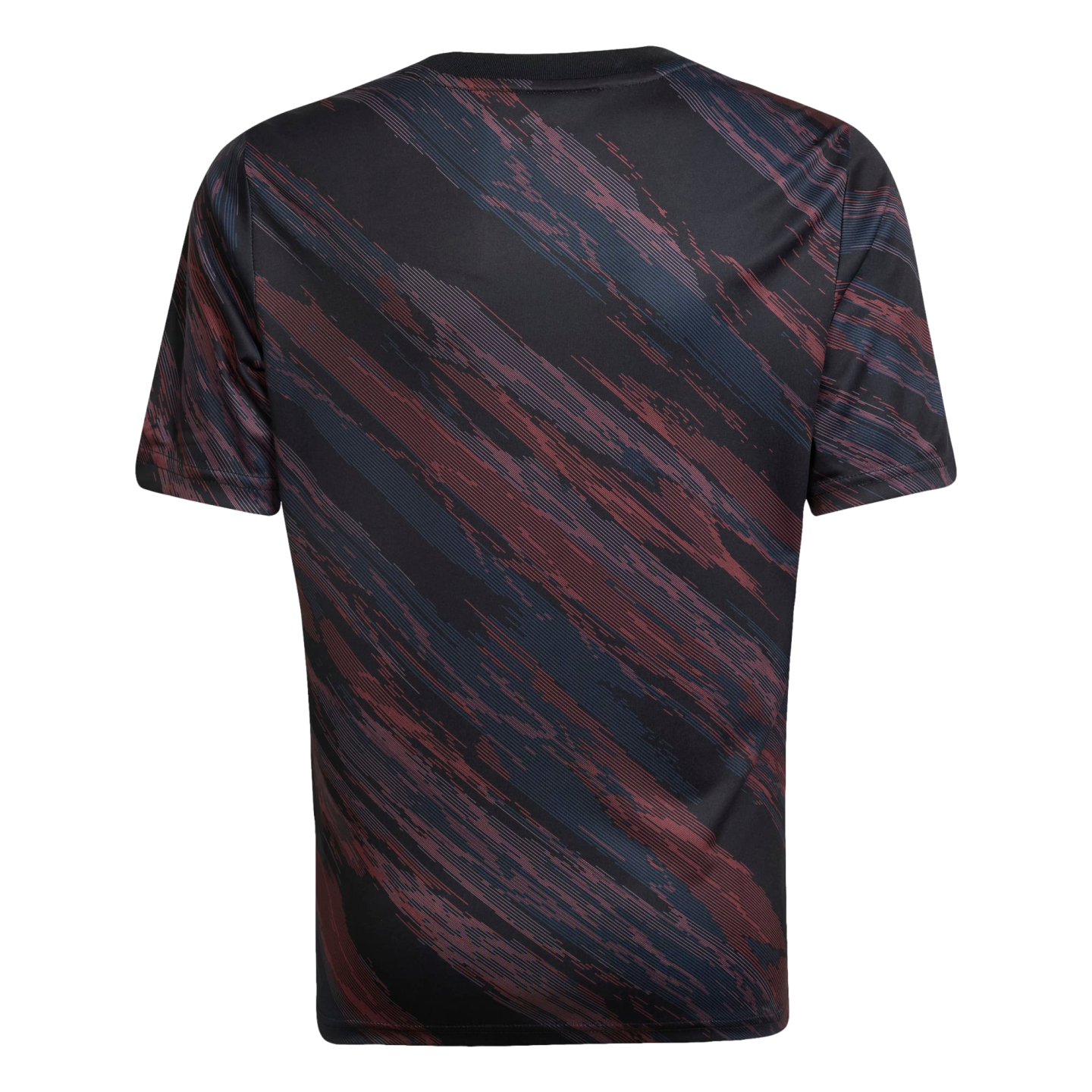 Rear view of a black crew-neck athletic t-shirt featuring a diagonal, textured pattern of dark red and slate blue brushstrokes.