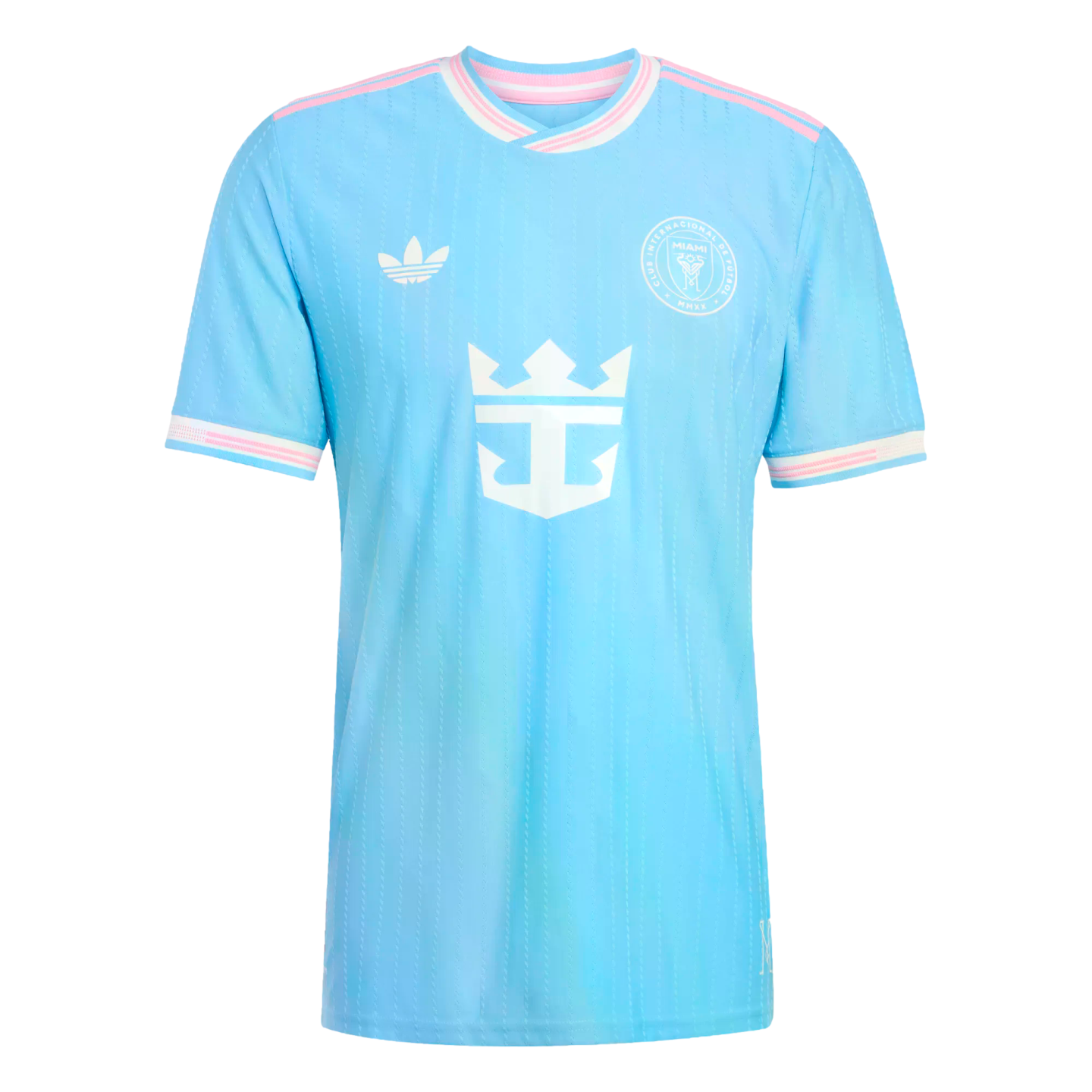 Light blue Inter Miami soccer jersey with pink trim on collar and sleeves. Features white Adidas trefoil, club crest, and Royal Caribbean sponsor logos.