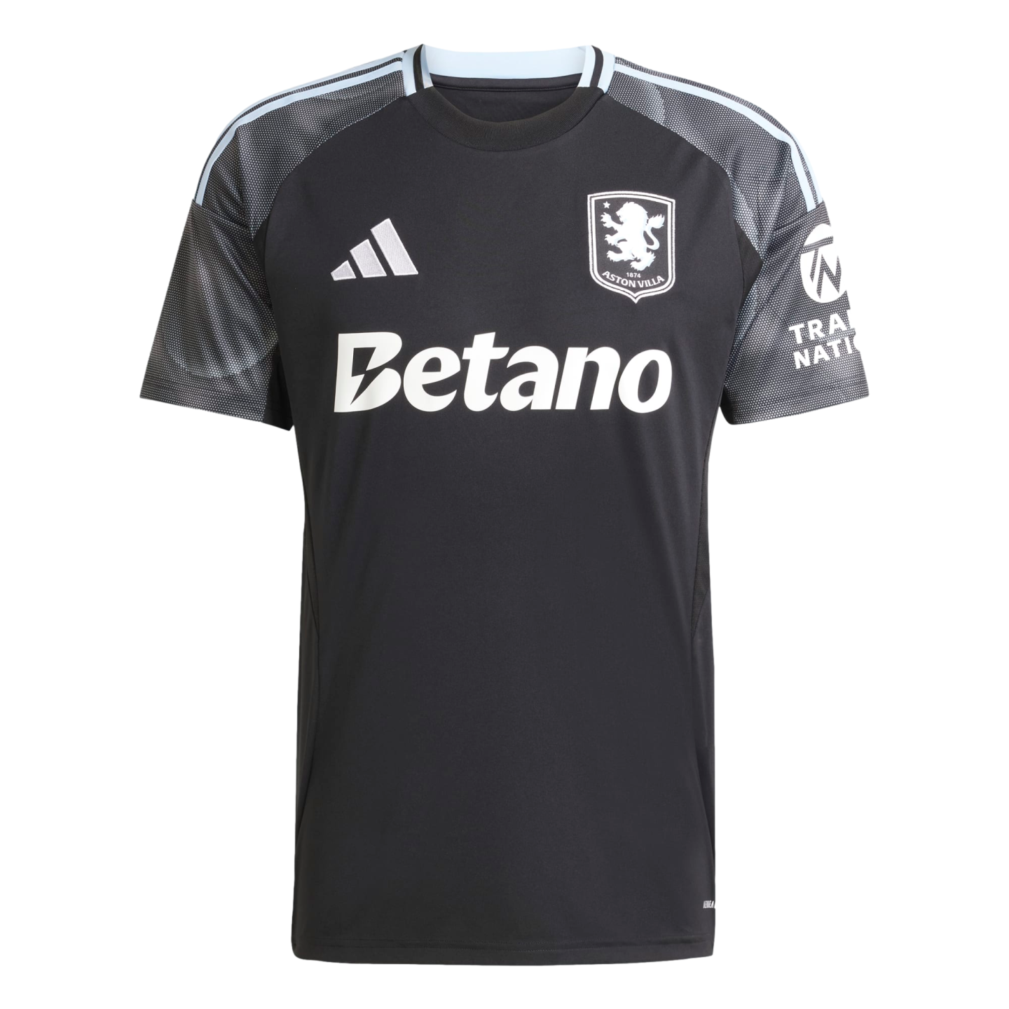 Black Adidas Aston Villa football jersey with white club crest and Betano sponsor logo. Features grey patterned sleeves with light blue stripes on the shoulders.