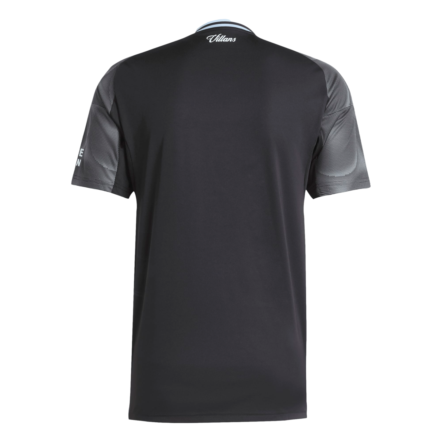Back view of a black short-sleeved sports jersey featuring gray patterned sleeves and white "Villans" script on the back of the neck.