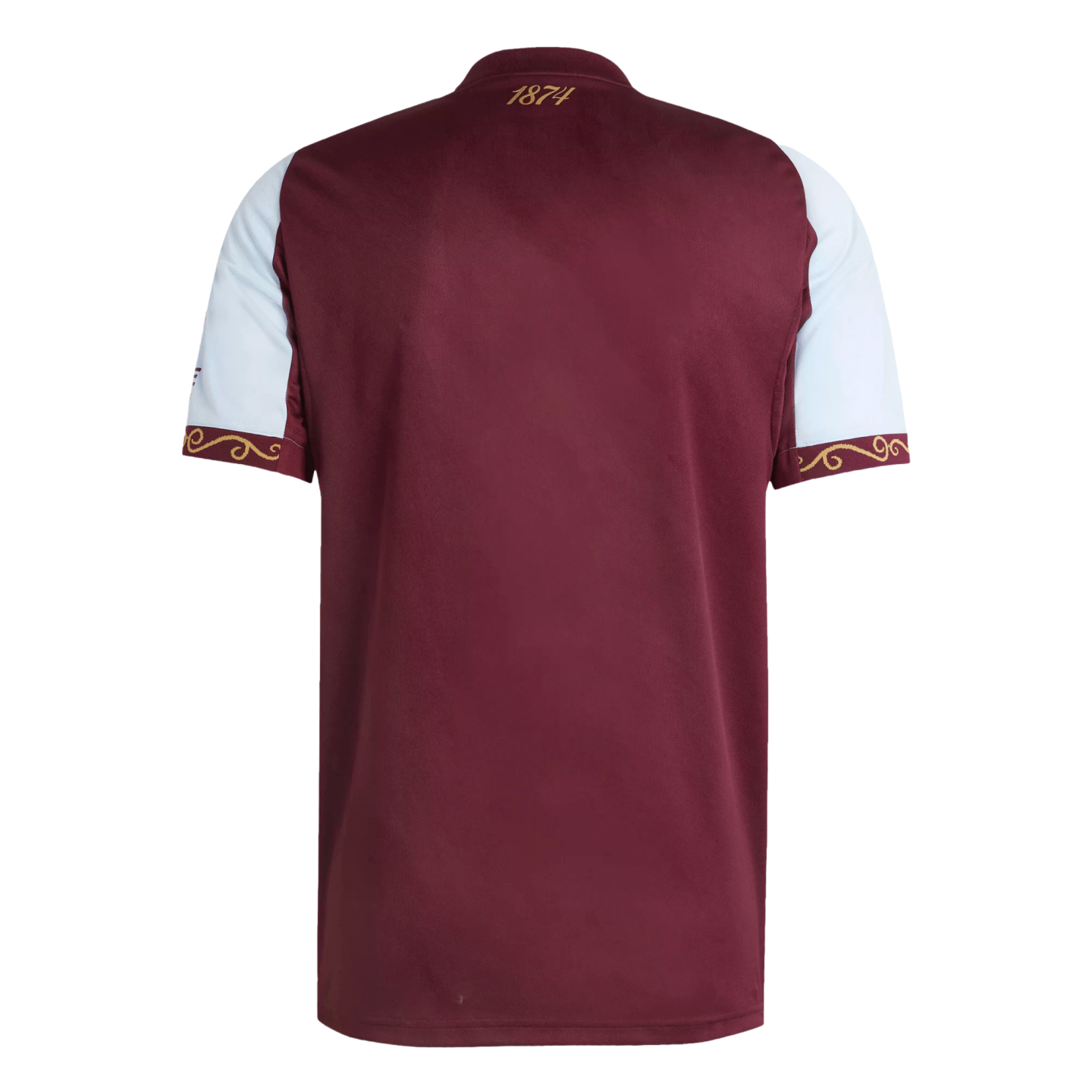 Back view of a claret and light blue football jersey with gold decorative patterns on the sleeve cuffs and "1874" printed on the back of the neck.