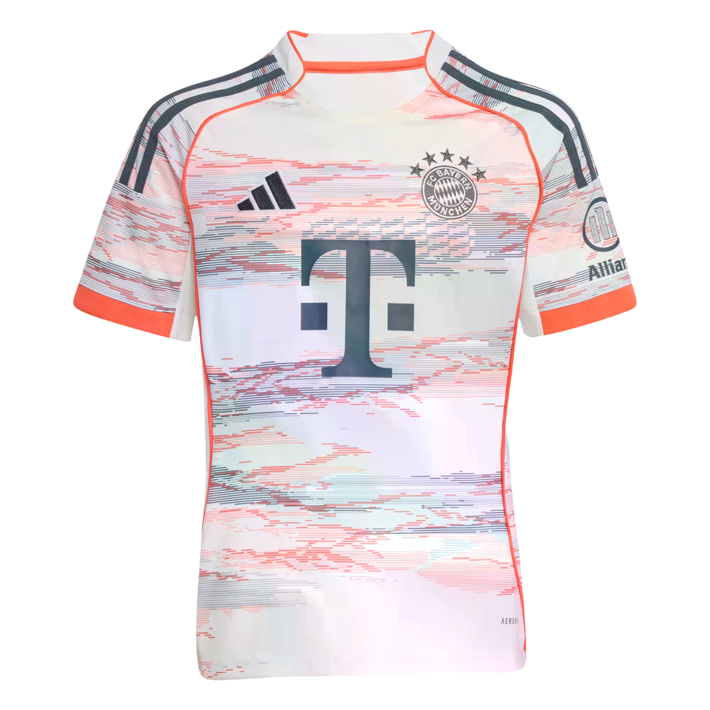 A white Adidas FC Bayern Munich football jersey featuring a red and blue horizontal glitch pattern, orange trim, and the club crest with five stars.