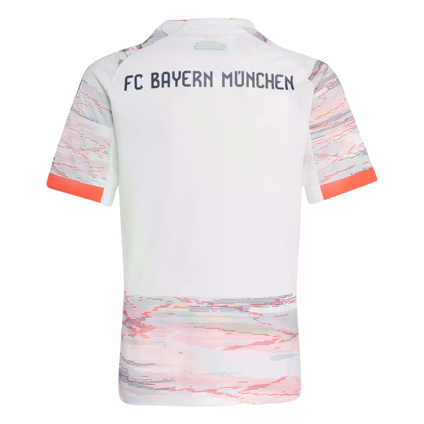 Back view of a white FC Bayern Munich soccer jersey. Features grey and orange glitch patterns on the shoulders and bottom. "FC BAYERN MÜNCHEN" is printed in black across the upper back.